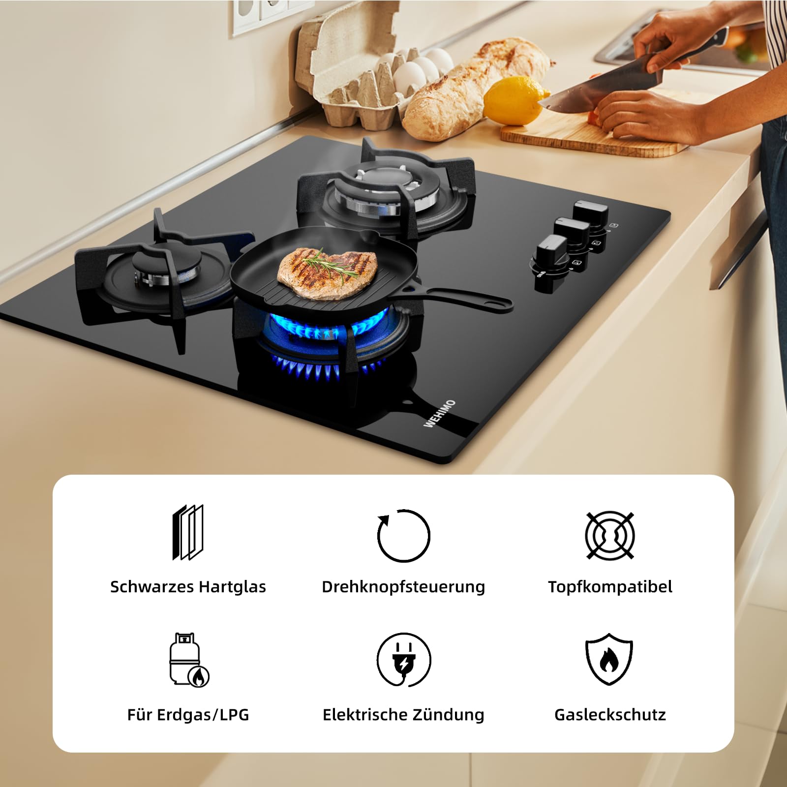 WEHIMO Gaskochfeld 3 Flammig 59cm, Glas Einbau-Gaskochfeld, 7750W, 3 Zonen Gaskochfeld für Propangas und Erdgas, 3 Kochzonen (3300W+2700W+1750W), Schwarzes Glas, Geeignet für Alle Töpfe