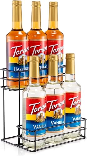 Miniatura 11 de Estante para jarabe para accesorios de barra de café, organizador de botellas de hierro con 4 compartimentos, estante de almacenamiento de encimera