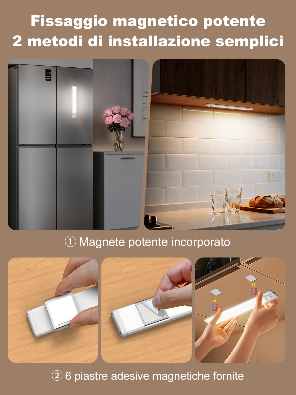 Smiling Shark Luce Armadio LED, HM-02 2 Pack Luce LED Sottopensile Cucina 30CM Magnetica & Sensore Movimento 2000 mAh Ricaricabile Ultra-Piatto & Facile da Installare per Cucina Bagno Camere da Letto
