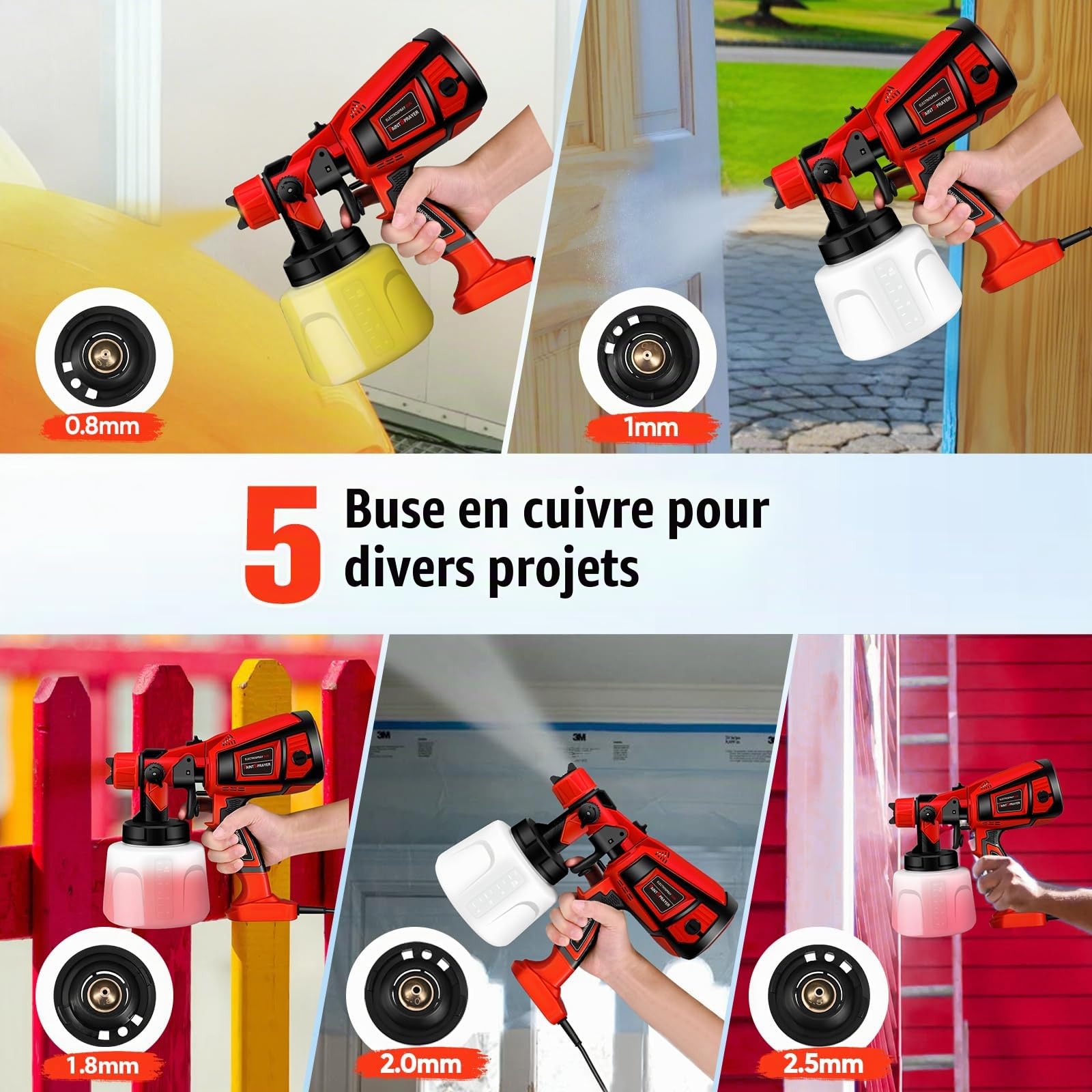 Pistolet à Peinture, Pistolet à Peinture Électrique HVLP 800W avec 4 Buses Cuivre 3 Motifs, Capacité 1400ml Débit Réglable pour Murs Intérieur Extérieur Clôtures Plafonds Meubles, Rouge