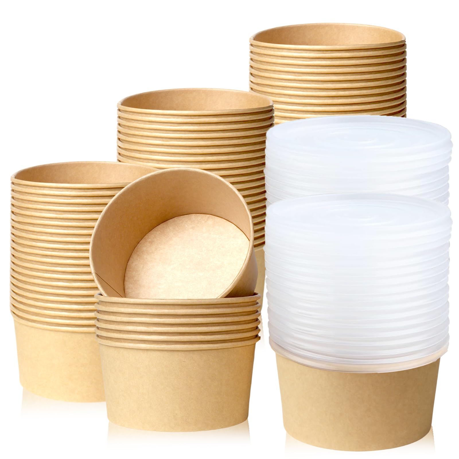 FISDEN 50 Pack Kraft Paper Bowls with Lids, 32 Oz Large Soup Serving Bowls Bulk, Oil-proof To Go Food Containers for Hot Cold Fruits, Ice Cream, Meal