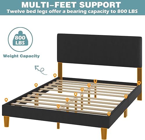 Miniatura 6 de Lifezone Base de cama Queen con cabecero, marco de cama tapizado de lino con soporte de listones de madera, no necesita somier, pies resistentes,
