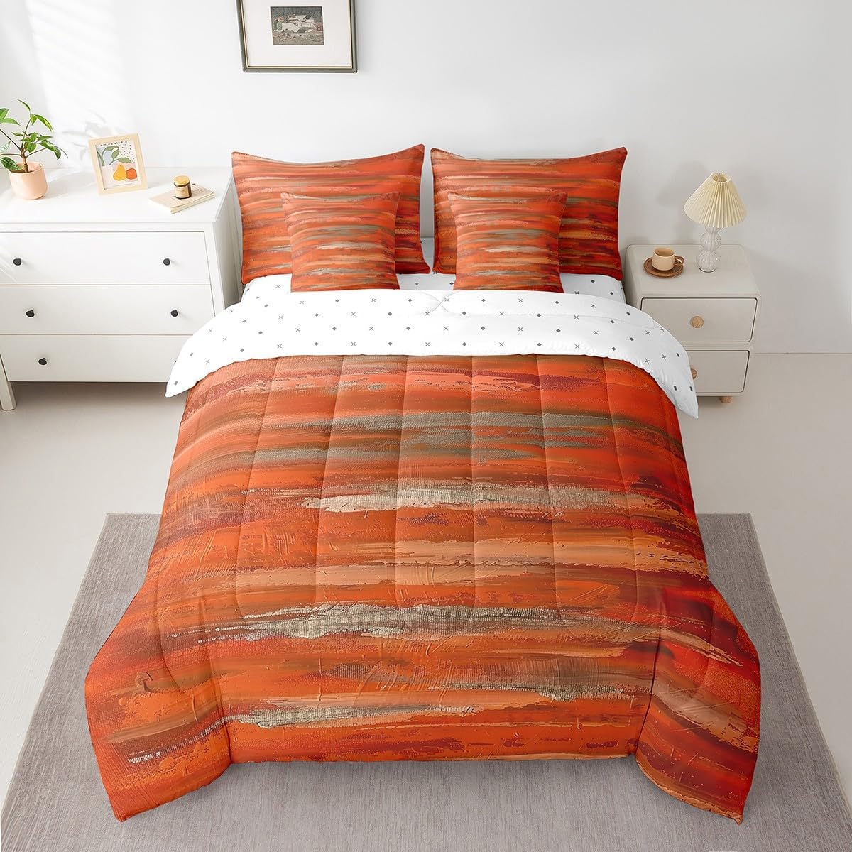 Erosebridal Oil Painting Orange Full Size Comforter Set 7pcs Aesthetic Ombre Bed in a Bag, Watercolor Gradient Bedding Comforter Sets with Fitted Sheet Flat Sheet Pillowcases Throw Pillow Covers - Image 2