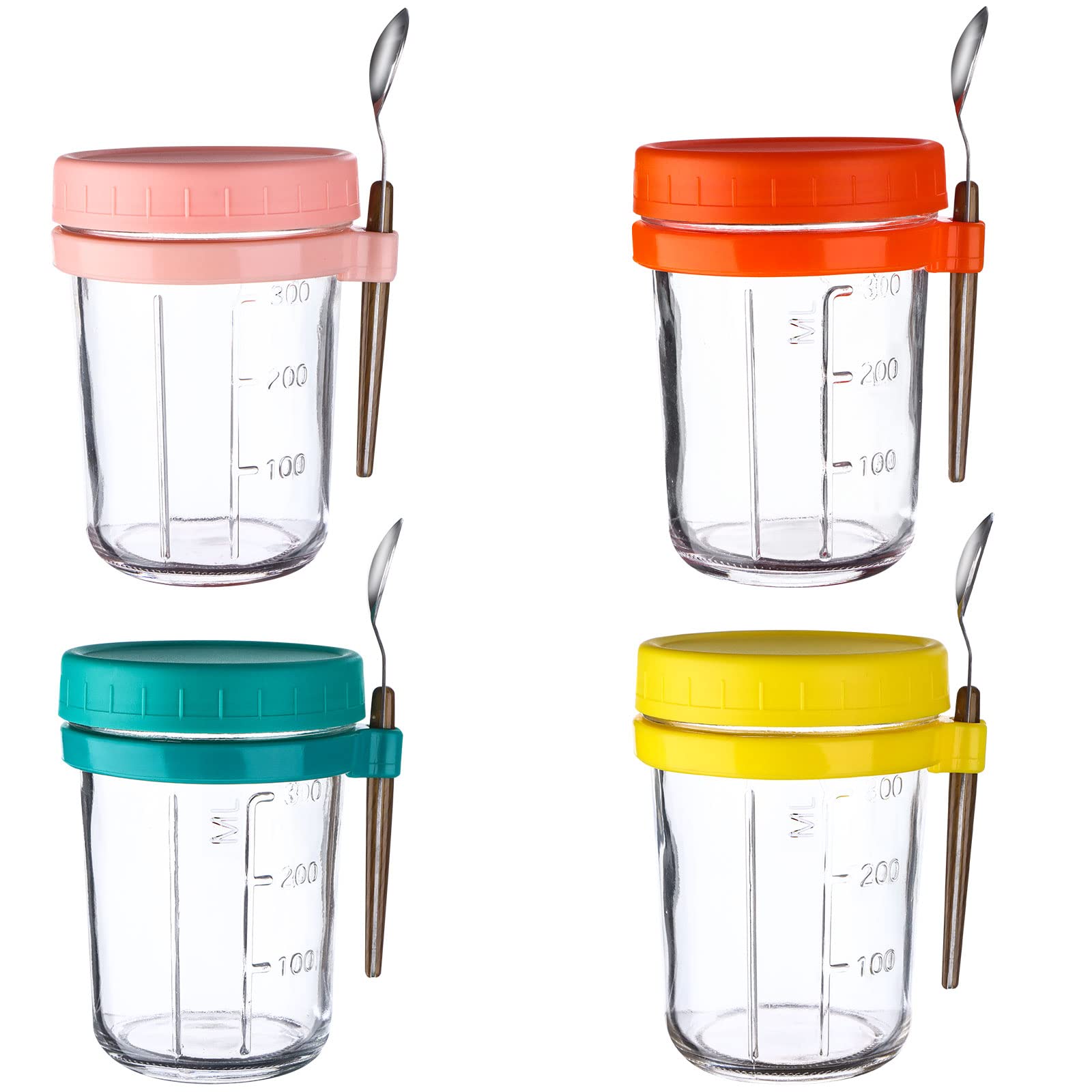 liuuuu Overnight Oats Jars with Spoon and Lid 4 PCS Reusable Airtight Oatmeal Cup Container 300 ml/10 oz BPA Free Airtight Oatmeal Cups with Dimension Yogurt Pots Cereal Overnight Oats Jars