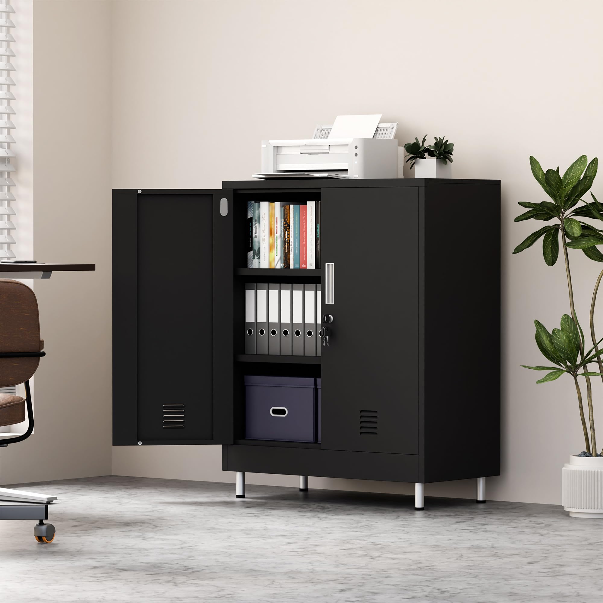 JINGUR Armoire de Rangement en métal avec Portes verrouillables et étagères réglables, Petite Armoire de Rangement verrouillable pour Maison, Bureau, Garage, Garde-Manger, entrée, Salon (Noir)