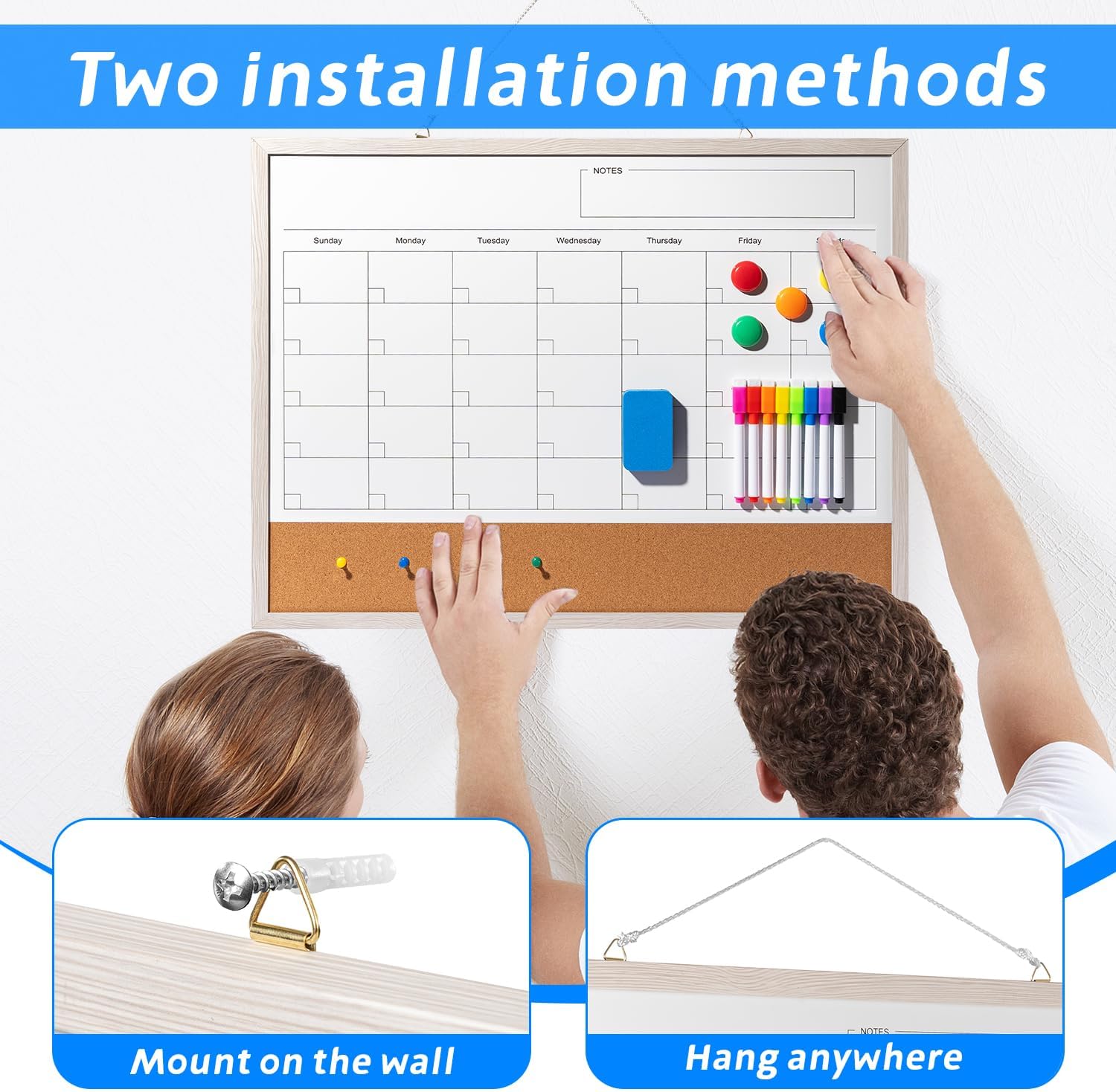 Dry Erase Calendar Whiteboard, 24" x 18" Magnetic Whiteboard Cork Board Combo, Reusable Monthly Planner with 8 Markers, Eraser, Magnets and Pushpins, Hanging Dry Erase Board for Home, School - White