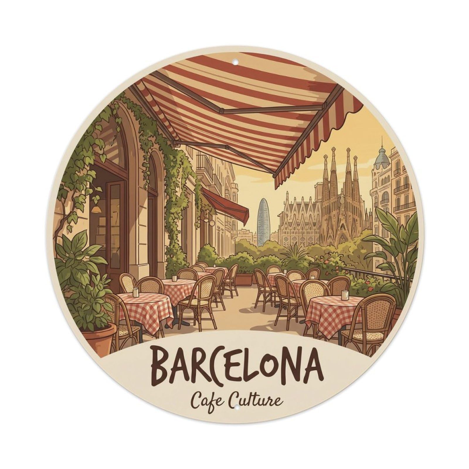 Vintage Travel Barcelona Cafe Terrace Outdoor Metal Tin Sign Plaque Wall Decor for Cafe, Club, Garden Round Metal Poster 8x8Inch