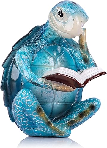 Figuras de tortuga de lectura para decoración costera de playa, decoración náutica del océano, resina verde azulado, mini estatua de tortuga para