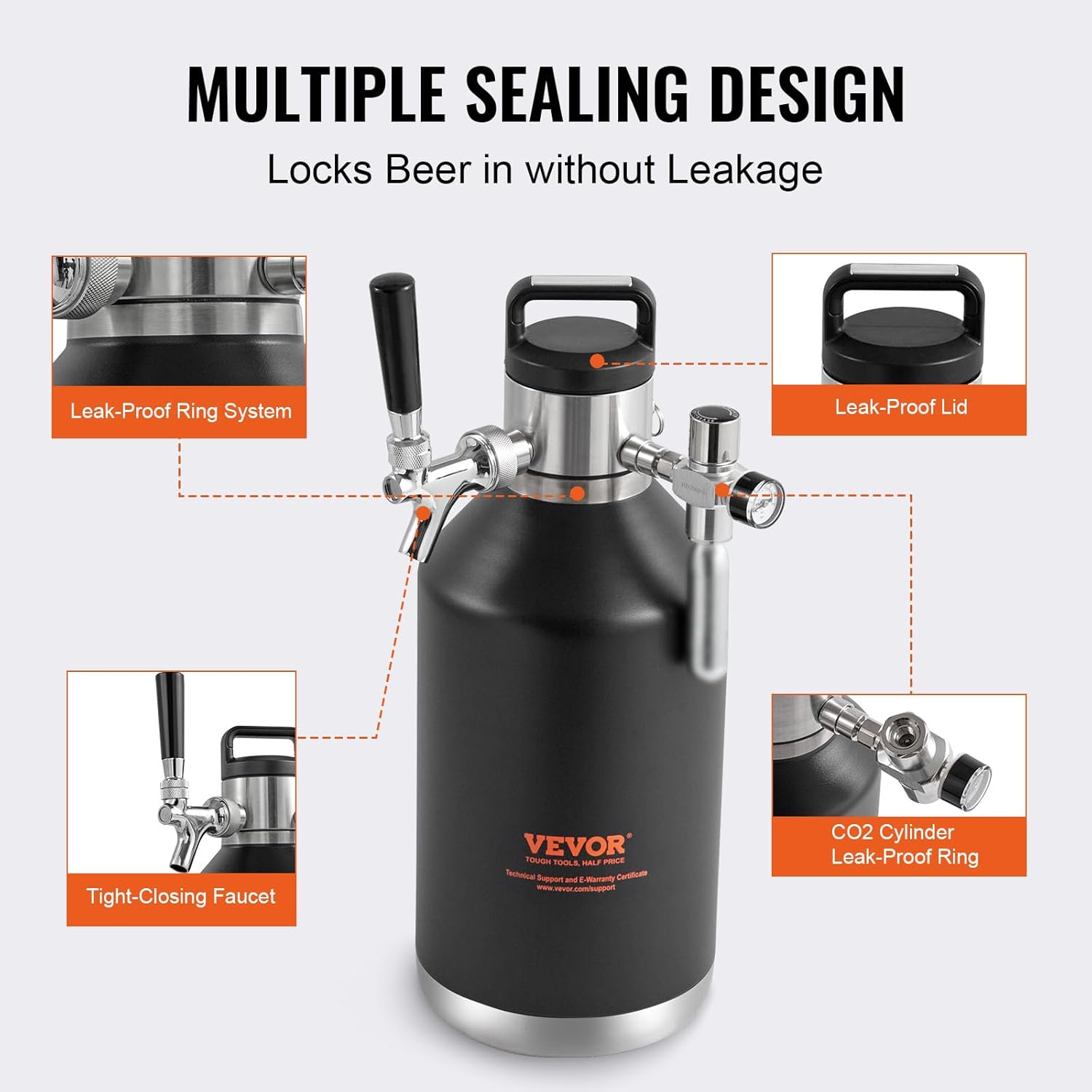 Beer Growler Tap System, 128Oz 4L Mini Keg, 304 Stainless Steel Pressurized Beer Growler, Keg Growler with Pressure Display, CO2 Regulator Faucet, Leak-Proof Ring For Draft, Homebrew, Craft Beer