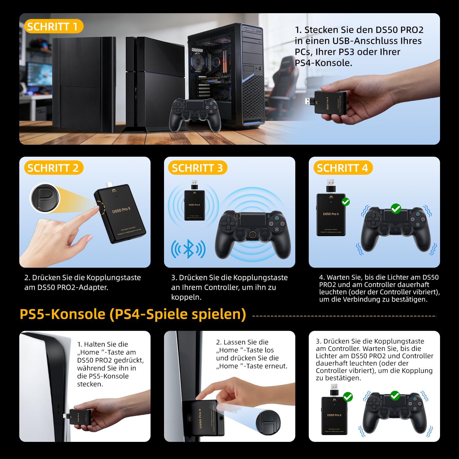 Besavior DS50 PRO 2 Controller-Adapter, Unterstützt PS5/PS4/Xbox One S/Series X/S/Elite 2/Switch Pro Controller auf PS5/PS4/PS3/PC/Switch 2&1/Lite, 3,5mm Audio, Makro & Motion-Assist, Plug & Play