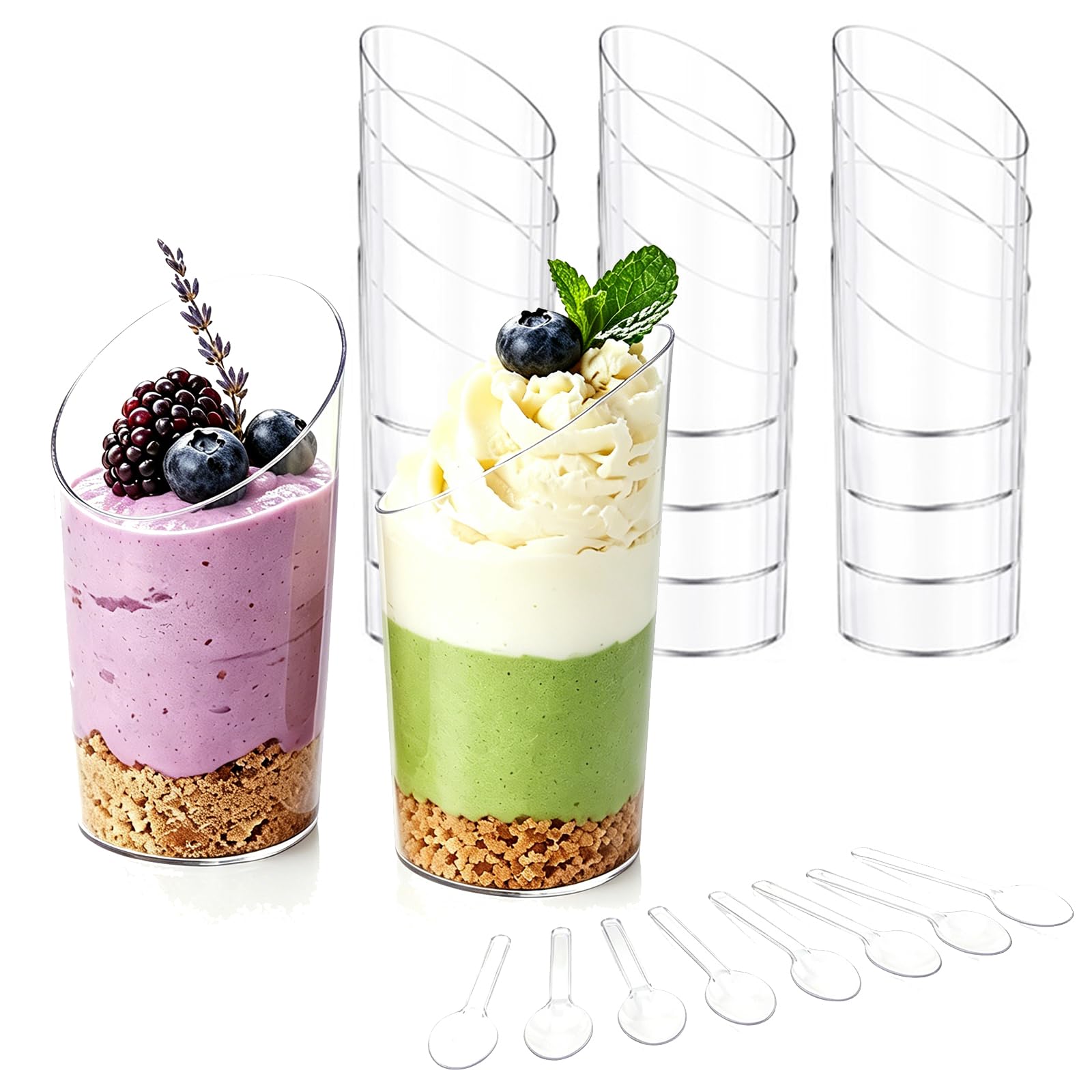 WenYa 50 Mini Plastic Dessert Cups (Angled Rim, 60ml), Clear Hard Plastic Cups for Mousse, Fruit Cake, Trifle, Pudding – Sturdy Individual Serving Bowls for Party, Wedding, Birthday, Buffet