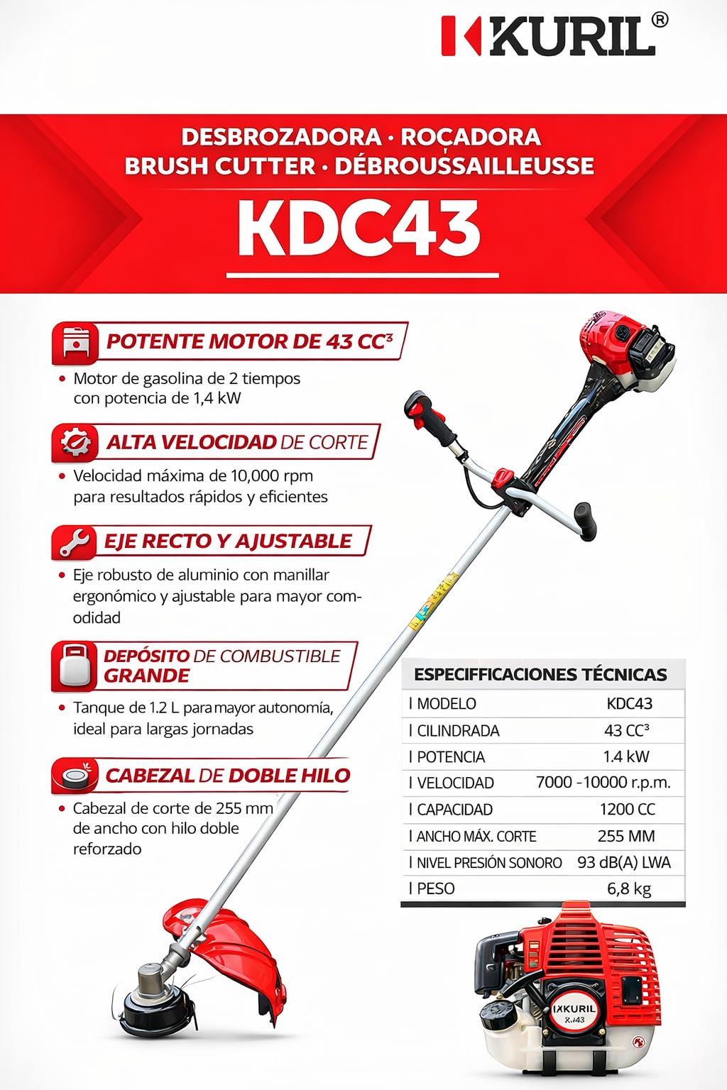 Desbrozadora Kuril KDC43 a Gasolina 43 CC | Carenada Antivibración | Incluye Disco y Arnés Acolchado | Ideal para Jardinería