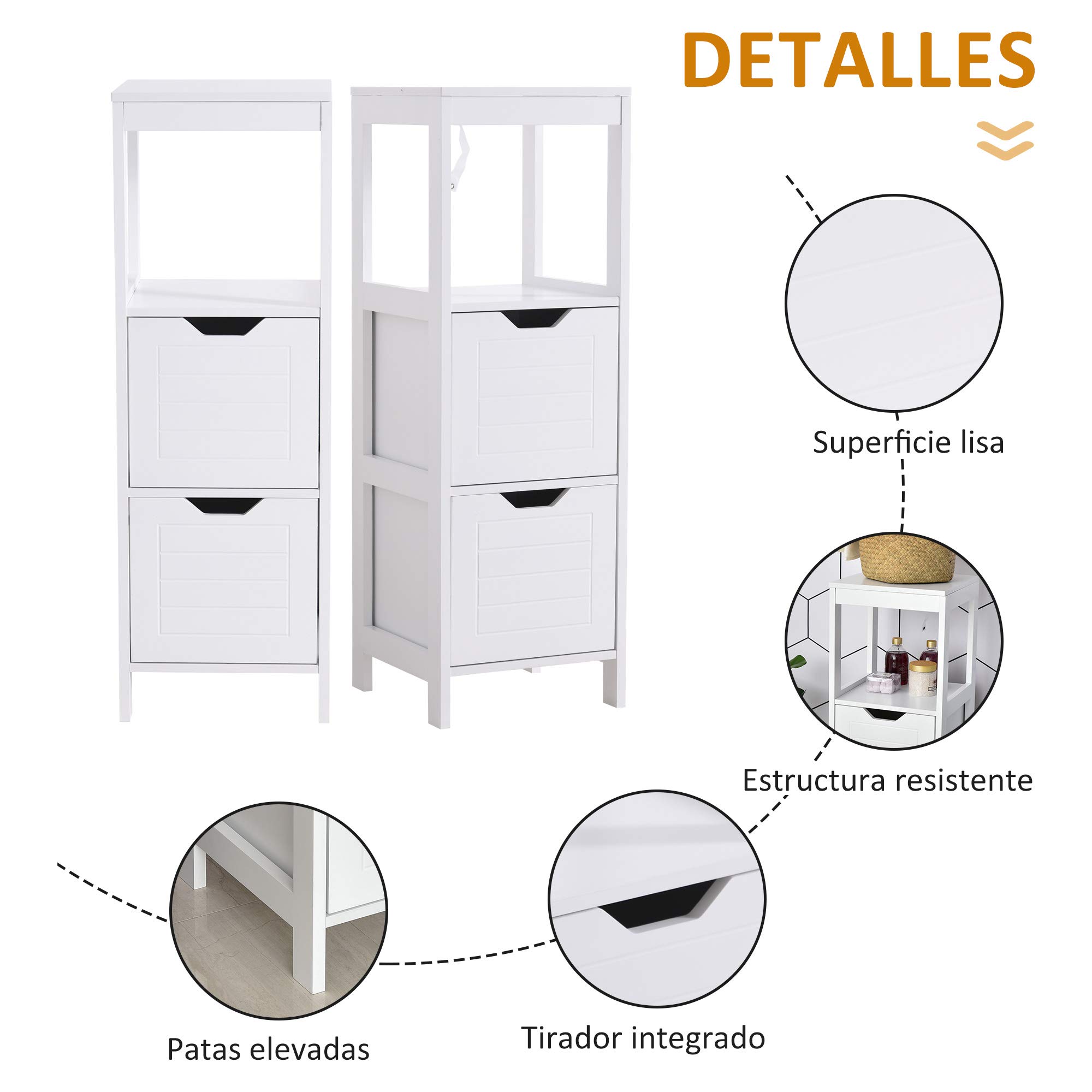 kleankin Armario de Baño Gabinete Multifuncional con Estante Abierto 2 Cajones de Almacenaje Diseño Antivuelco 30x30x89 cm Blanco