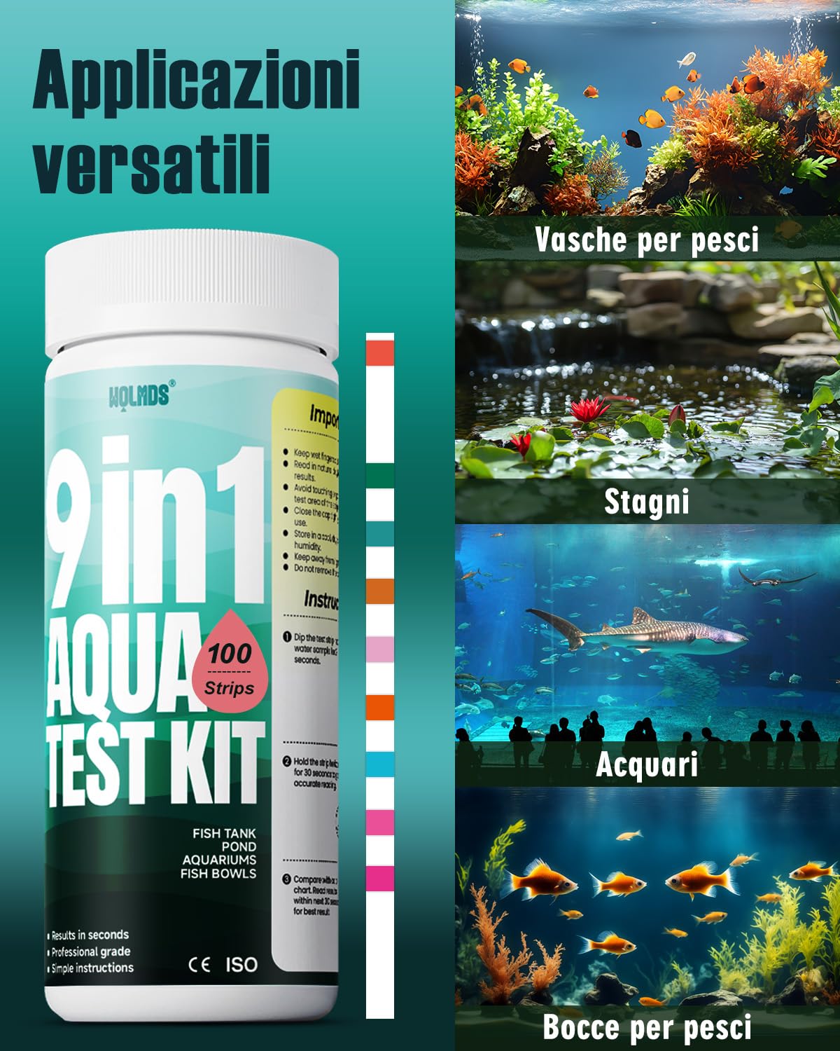 Wolmds Kit Test Acqua Acquario 9-in-1 - Test Acquario Dolce e Salato: Misuratore Durezza Acqua, PH, Nitriti, Nitrati, Cloro - Accessori Acquario Acqua Dolce,Kit Durezza Completo per Test Precisi