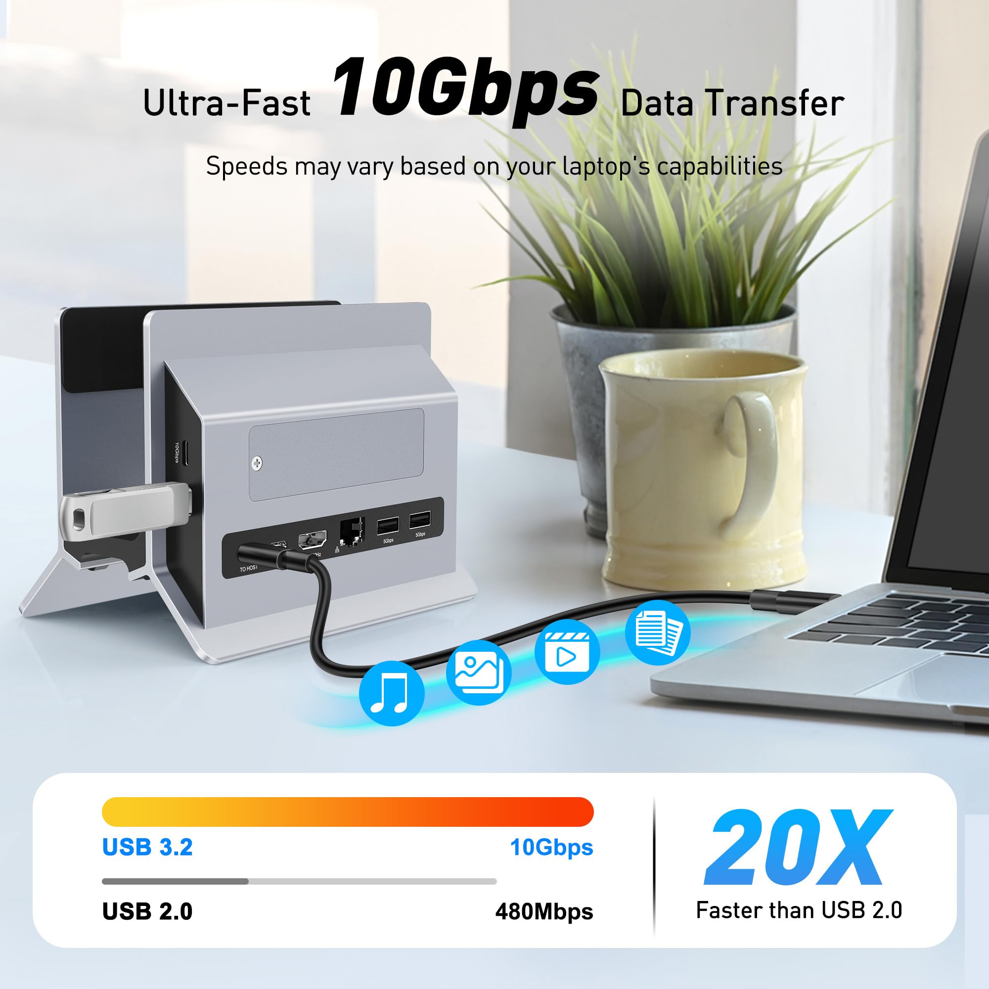 AboveTEK Docking Station USB C con Expansión SSD M.2, 4K HDMI Vertical Dock Station con 2 USB C 10Gbps, 2 USB A, PD3.0, Ethernet, SD/TF para MacBook Pro/Air
