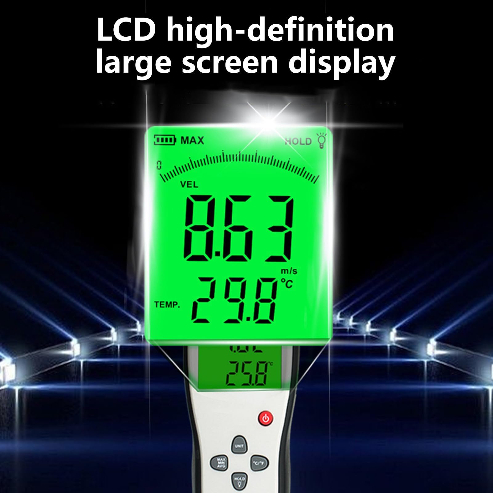 Medidor De Viento Portátil, Medidor De Viento De Amplio Rango De 0,3 a 45 M/s con Pantalla LCD Grande Legible a La Luz del Sol Y Carcasa De ABS Reforzado, Sonda Sensible para Sistemas De