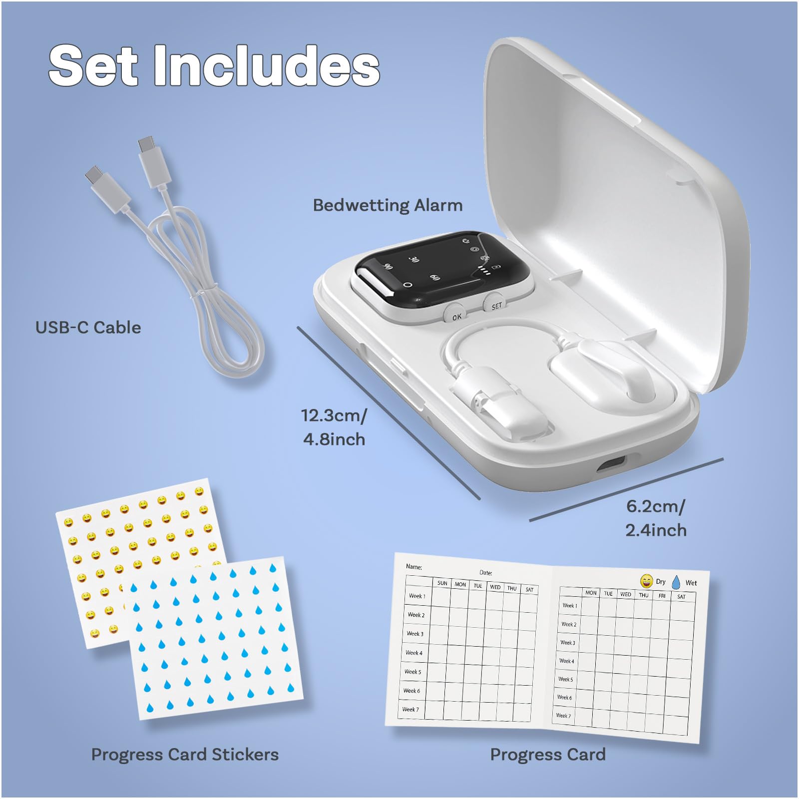 Kabelloser Bettnässer-Alarm für Kinder & Senioren von MMOBIEL – Sensor und Elternempfänger bis 10 m – Ton, Vibration & Licht – Alarmverlauf & USB Type-C wiederaufladbar