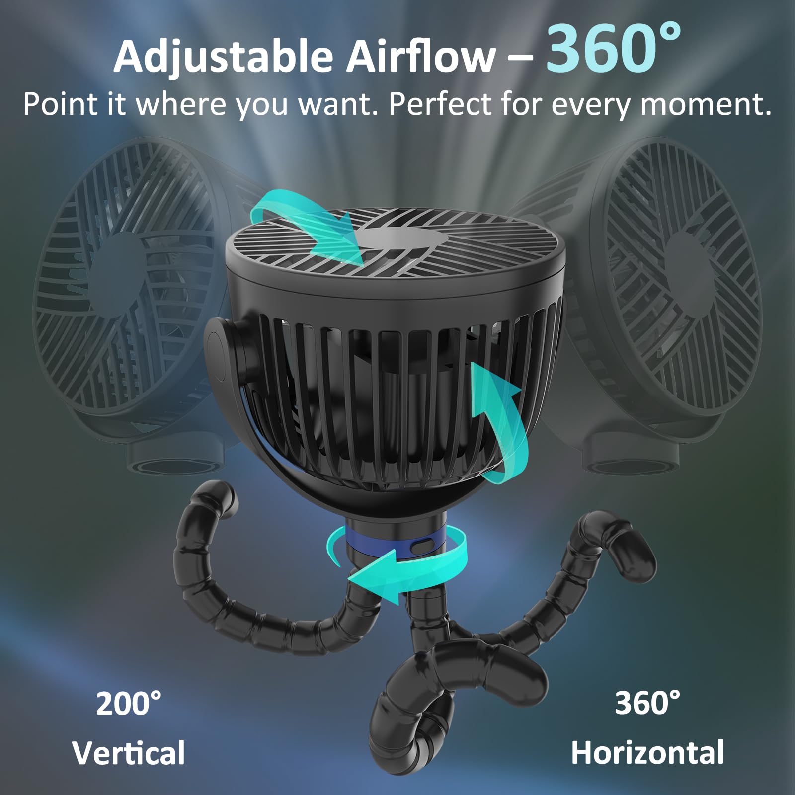 ITSHINY Kinderwagen Ventilator, 8000 mAh Ventilator Akku, Kinderwagenlüfter mit Flexibler Stativ, Tragbarer Ventilator, Handventilator, Leise Tischventilatorfür Kinderwagen Camping