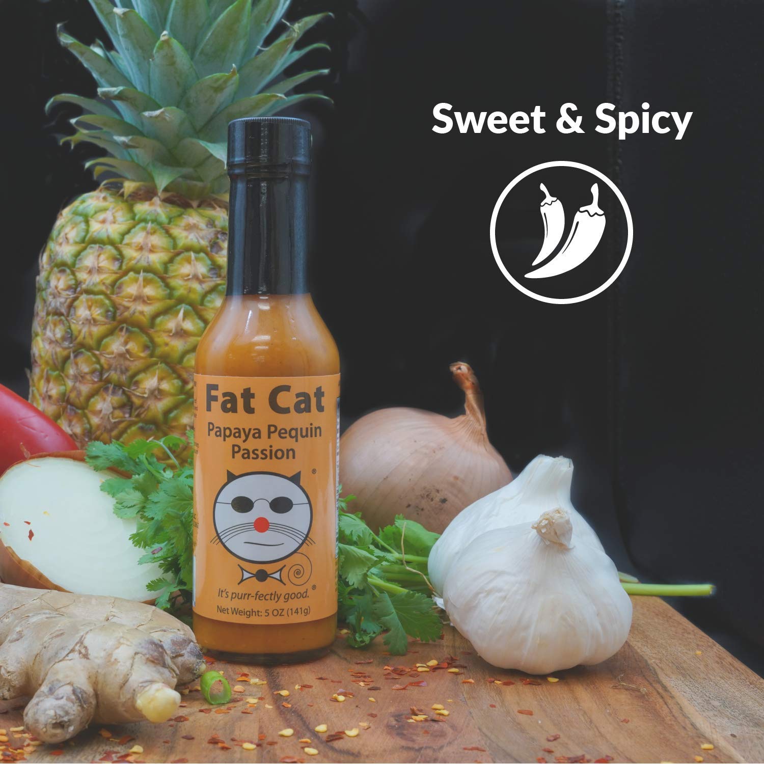 Papaya Pequin Passion Natural Hot Sauce by Fat Cat Gourmet | Savory Caribbean Inspired Fruit Sauce for Seafood, Veggies, Pork, Poultry | Mild Heat | Gluten Free, Vegan & Keto Friendly | 3 Pack