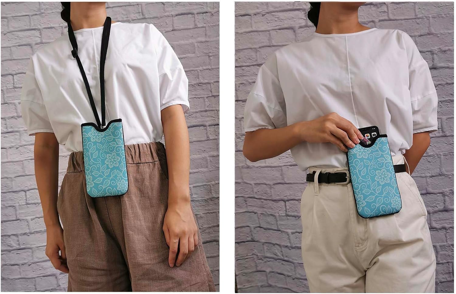 Tainada Neck Phone Holder Pouch w/Belt Loop (Floral Pattern Turquoise)