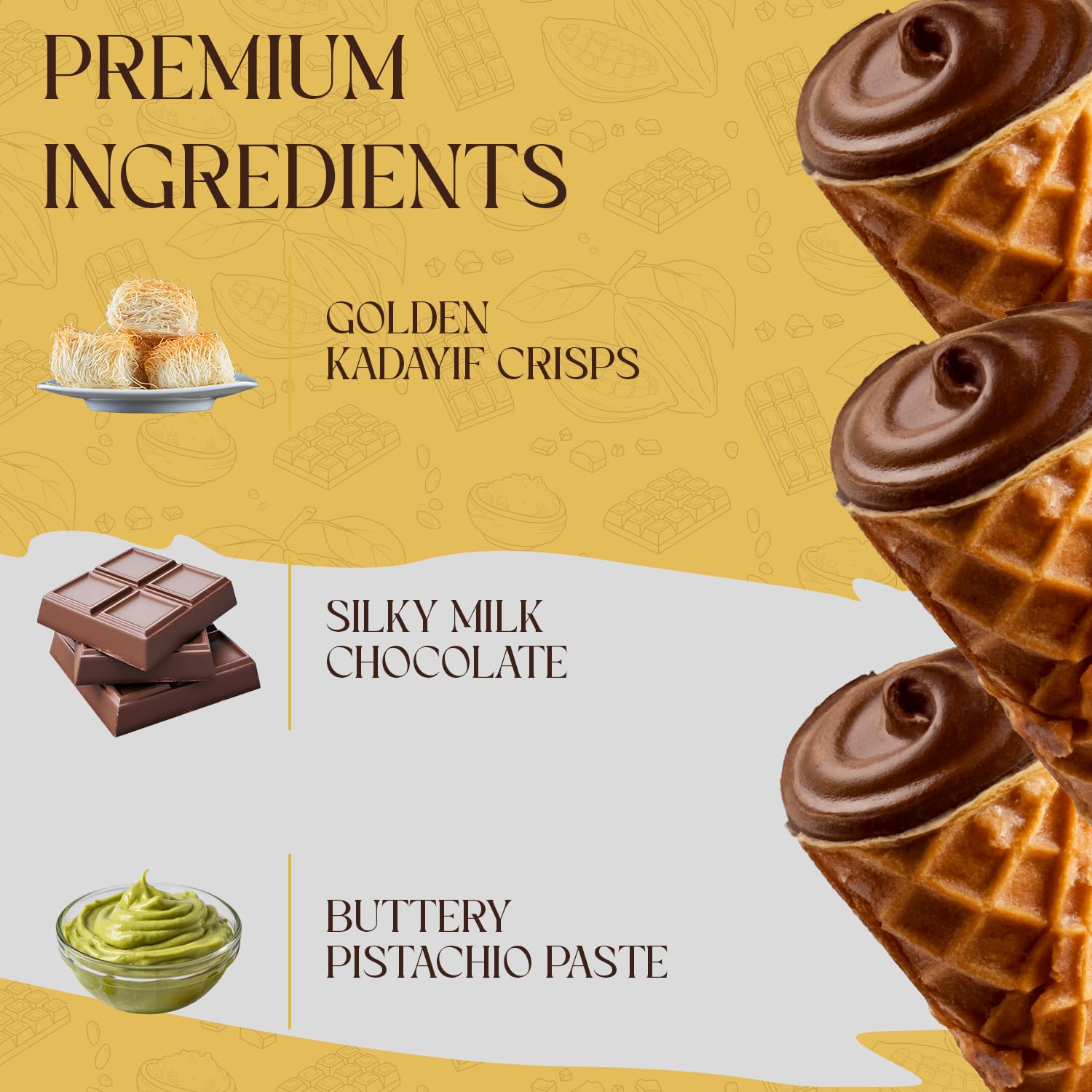 BEEMAX Dubai Style Chocolate Cones, Mini Waffle Filled with Milk, Pistachio Cream & Crunchy Kadaifi, Gourmet Middle Eastern for Gifting & Indulging, 4.24 oz Resealable Pouch, 2-Pack