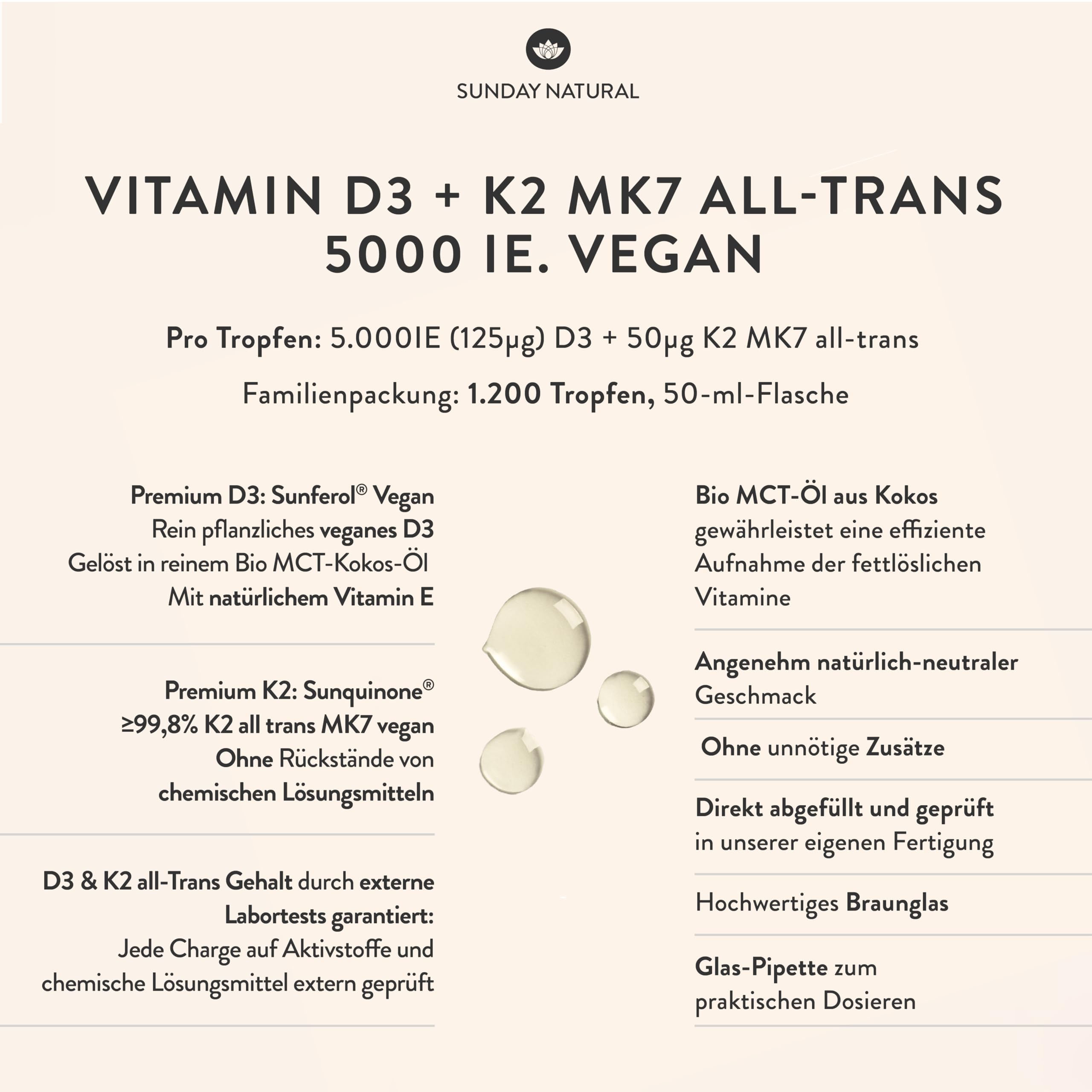 SUNDAY NATURAL® Vitamin D3 K2 Tropfen – Vitamin D 3 5.000IE (125µg) + K2-MK7 ≥99,8 % + all-trans 50µg – Vegan, Hohe Bioverfügbarkeit, ohne unnötige Zusätze