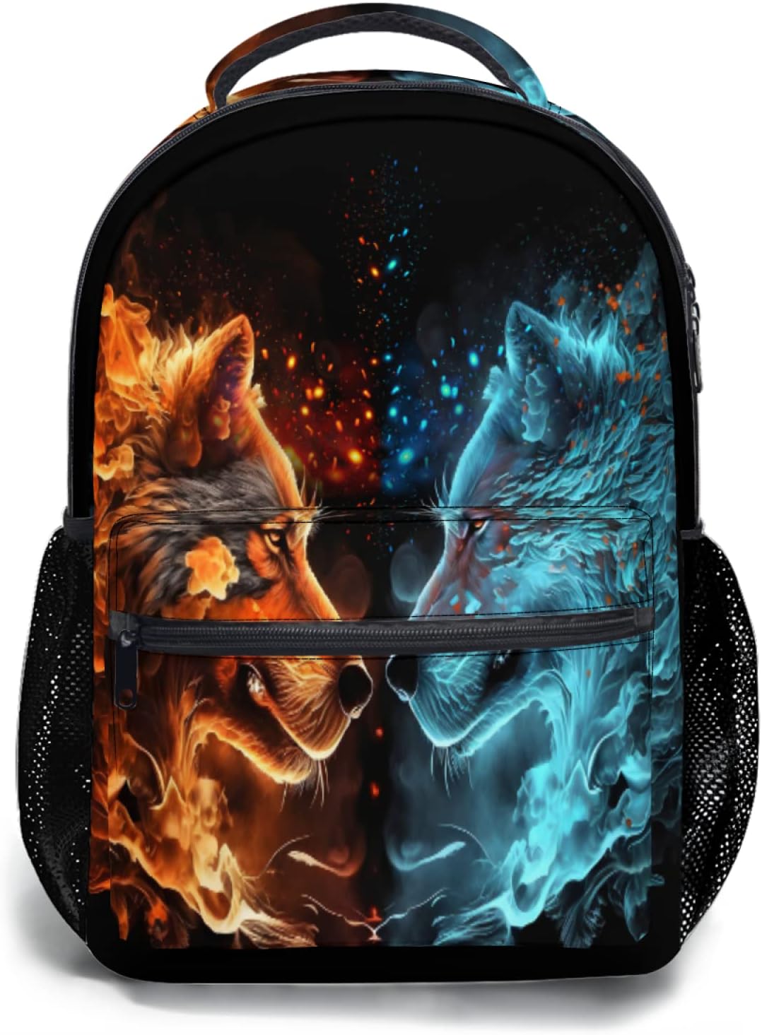 Blue Red Fire Water Wolf Backpack for Boys Girls Durable Casual Basic Kids Bookbag Lightweight School Bag for Teens Students Travel Daypack