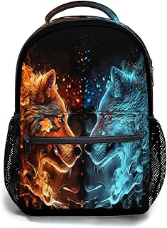Blue Red Fire Wolf Backpack for Boys Girls Durable Casual Basic Kids Bookbag Lightweight School Bag for Teens Students Travel Hiking Camping Daypack