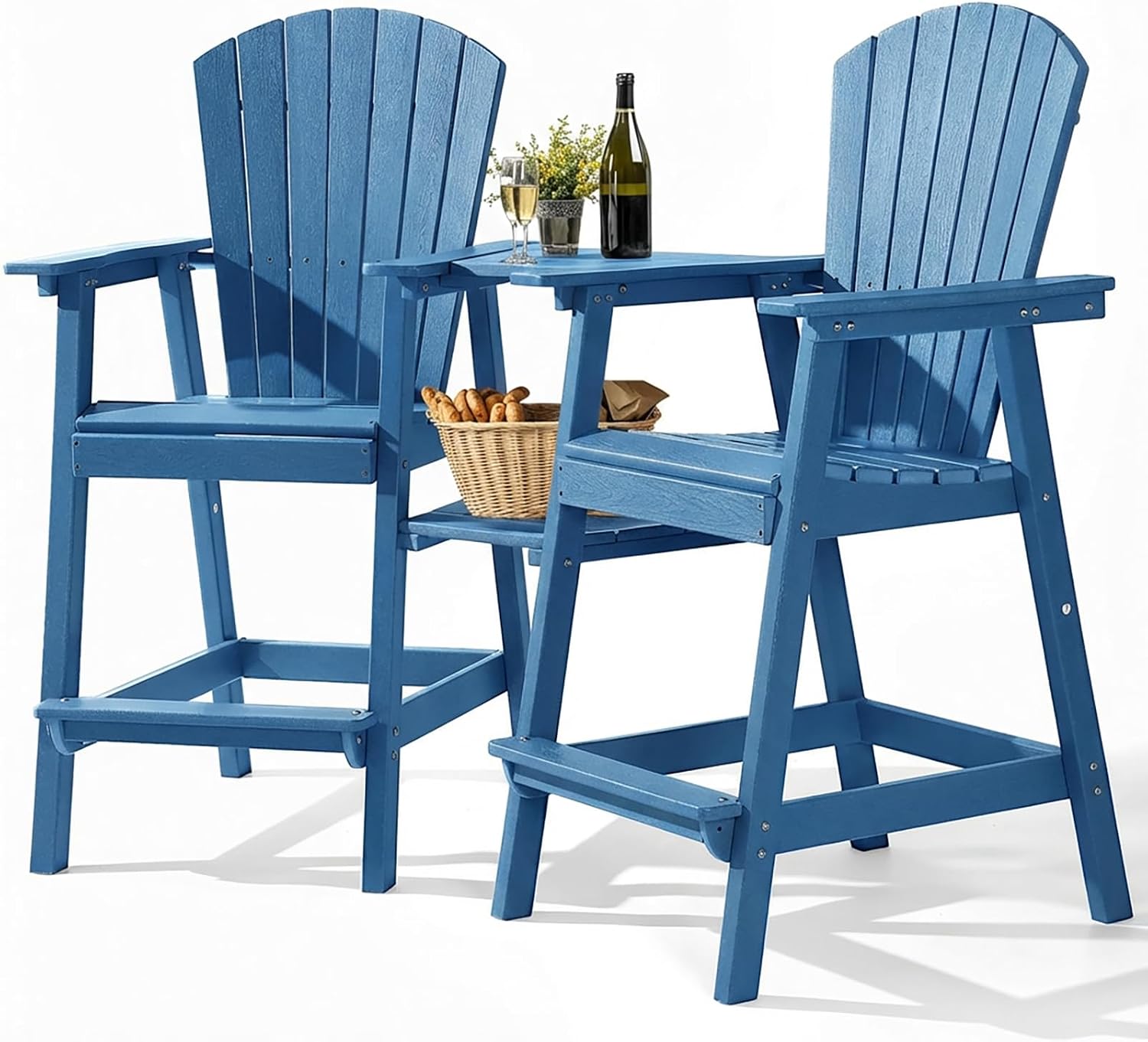 Tall Adirondack Chairs Set of 2, All-Weather HDPE Patio Chairs with Double Connecting Trays, Bar Height Heavy-Duty Outdoor Chairs for Garden, Backyard, Balcony, Blue