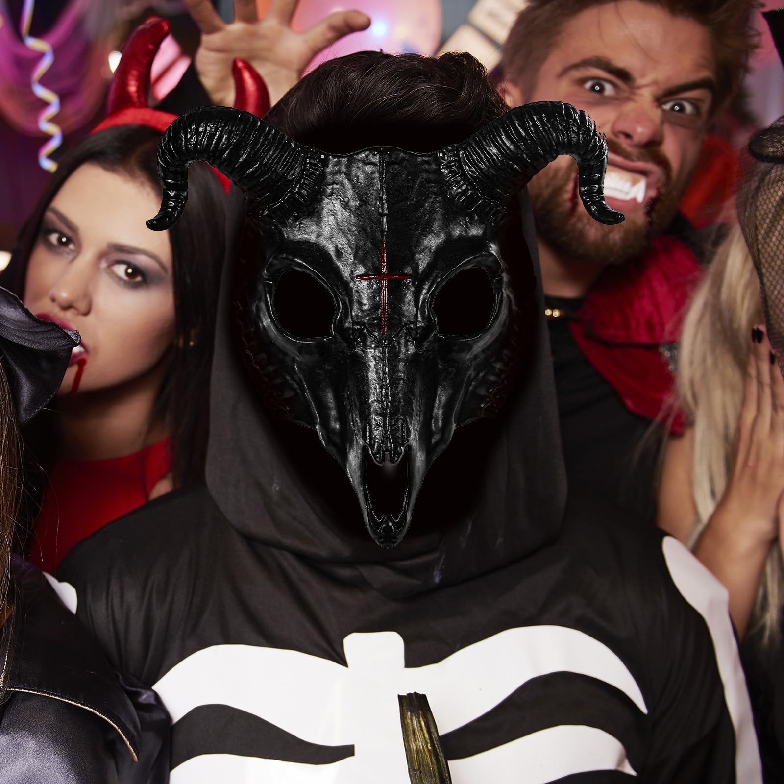 Spaventoso Ariete Horn Mask Horror Scary Realistico Ossa di Capra Mezza Maschere Animali Per Halloween Monster Cosplay Carnevale (Black)