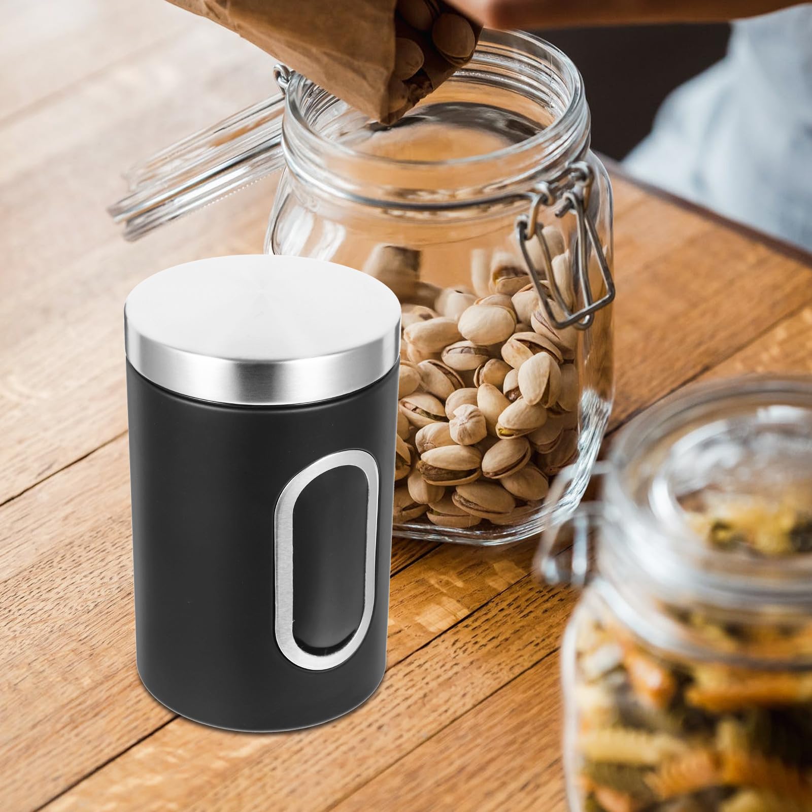 Set 3 Pezzi Contenitori Ermetici in Acciaio Inossidabile per Caffè e Zucchero, Multifunzione Tenuta, per Cucina e Piano di Lavoro