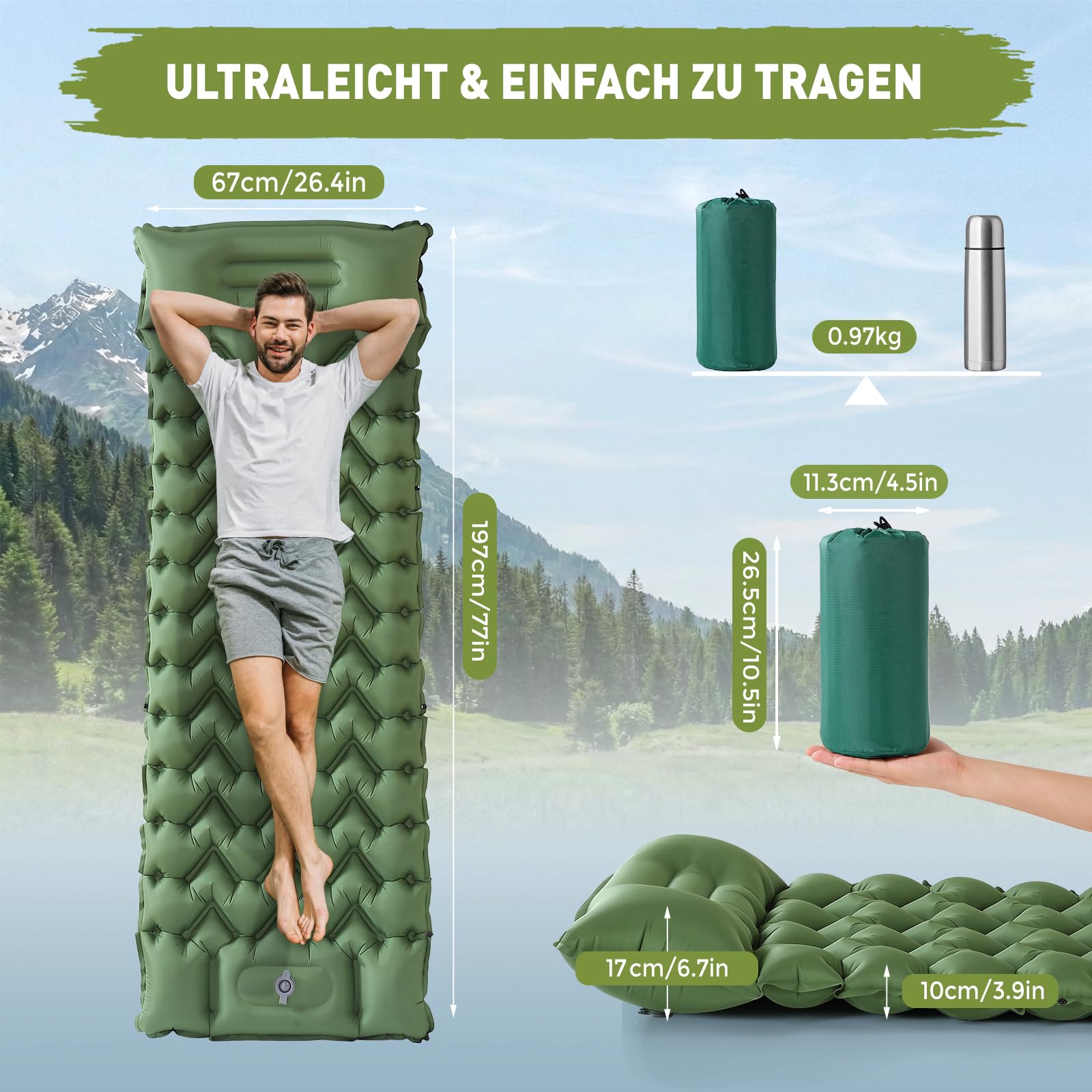 Elegear Isomatte Camping, 14CM Verdicktes Aufblasbare Luftmatratze mit Fußpumpe, Strapazierfähiges 50D-Nylon + TPU Tragbar Kompakt Wasserdicht Schlafmatte für Camping Wandern Trekking Backpacking