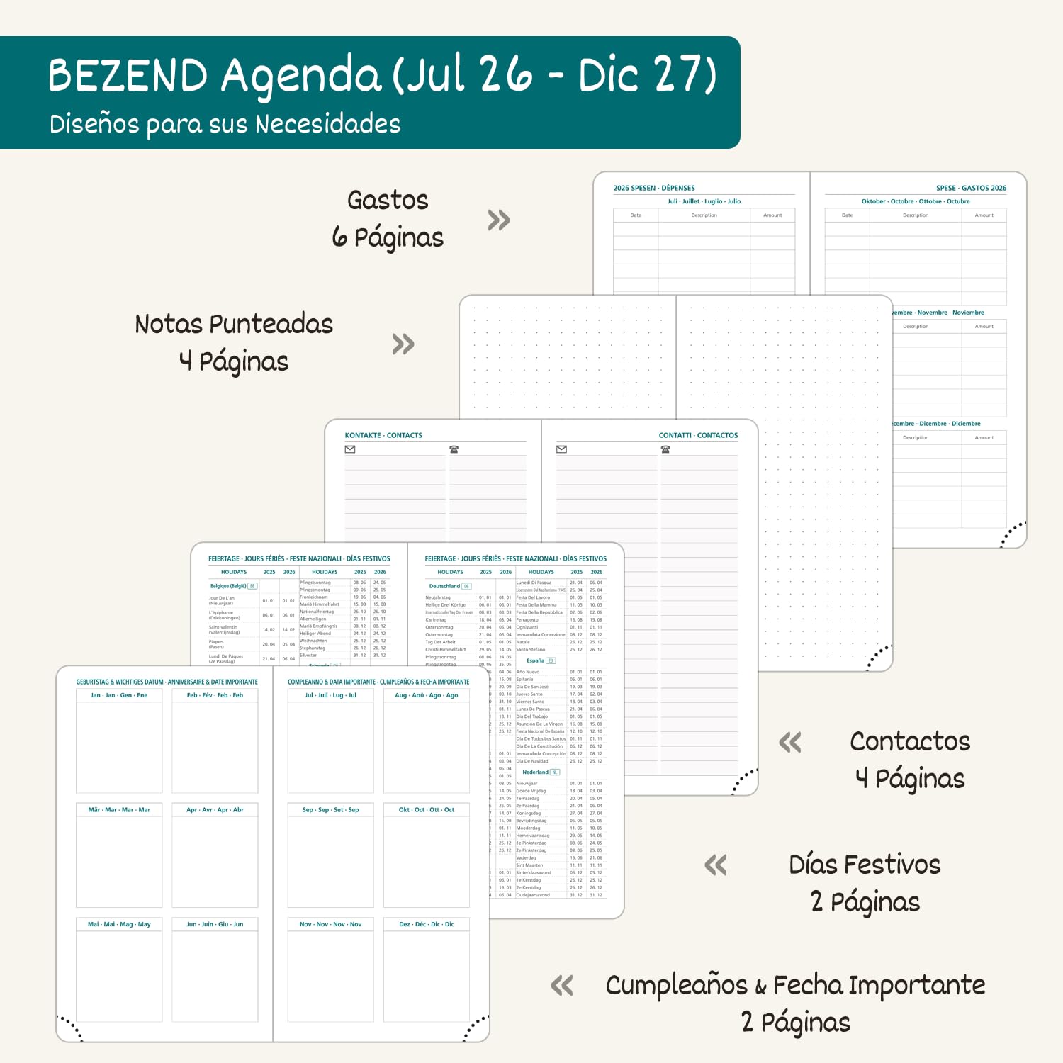 BEZEND Agenda 2026 2027 Semana Vista Pequeña 9 x 15,5 cm, 18 Meses Agenda Escolar de Bolsillo de Jul.26 a Dic.27, A6 Planificador Semanal con Doble Horario, Tapa Dura Cuero PU - Negro