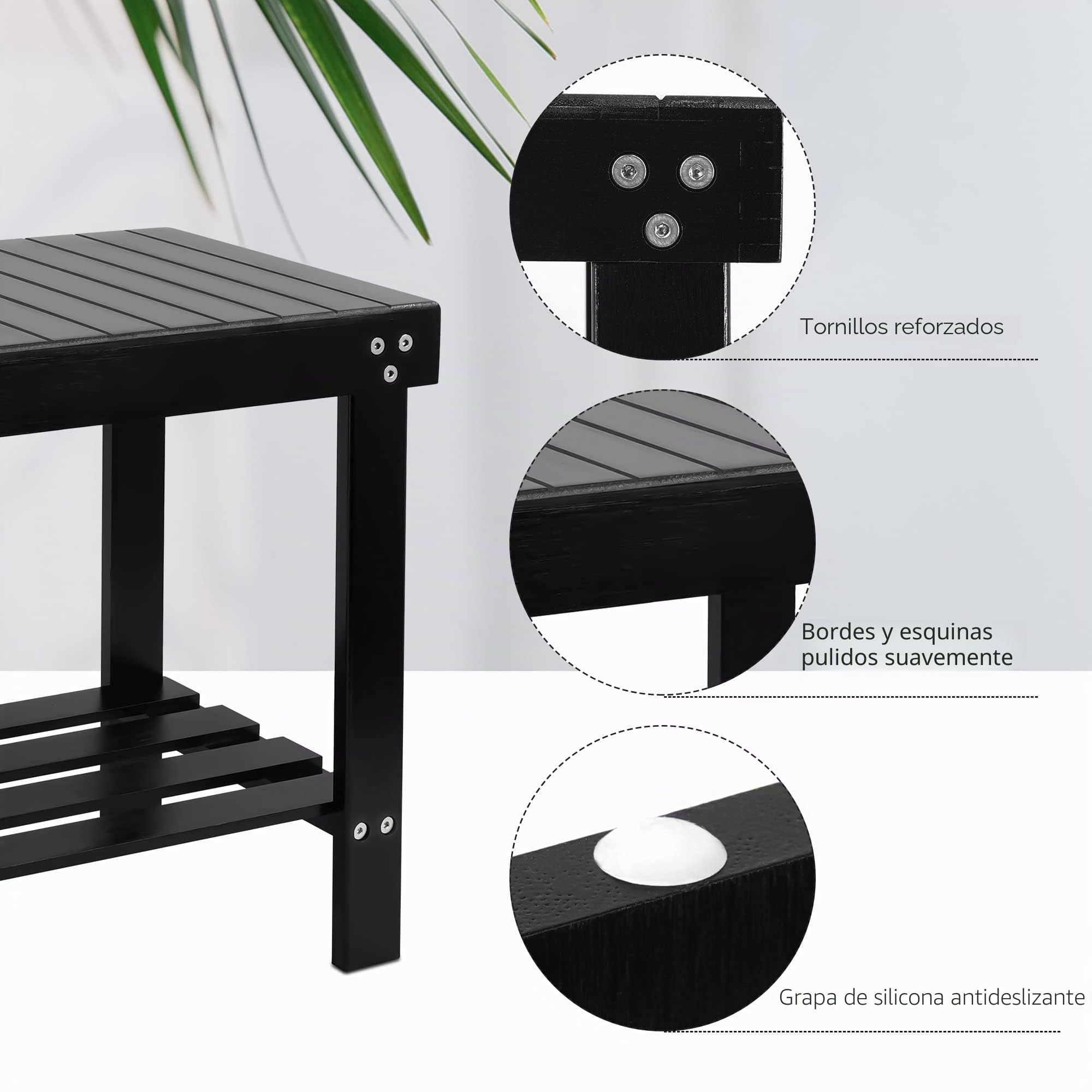 VaeFae - Banco de spa de bambú con patas antideslizantes y estante de almacenamiento para toalla de champú, funciona en el cuarto de baño, sala de estar, dormitorio, jardín, color negro