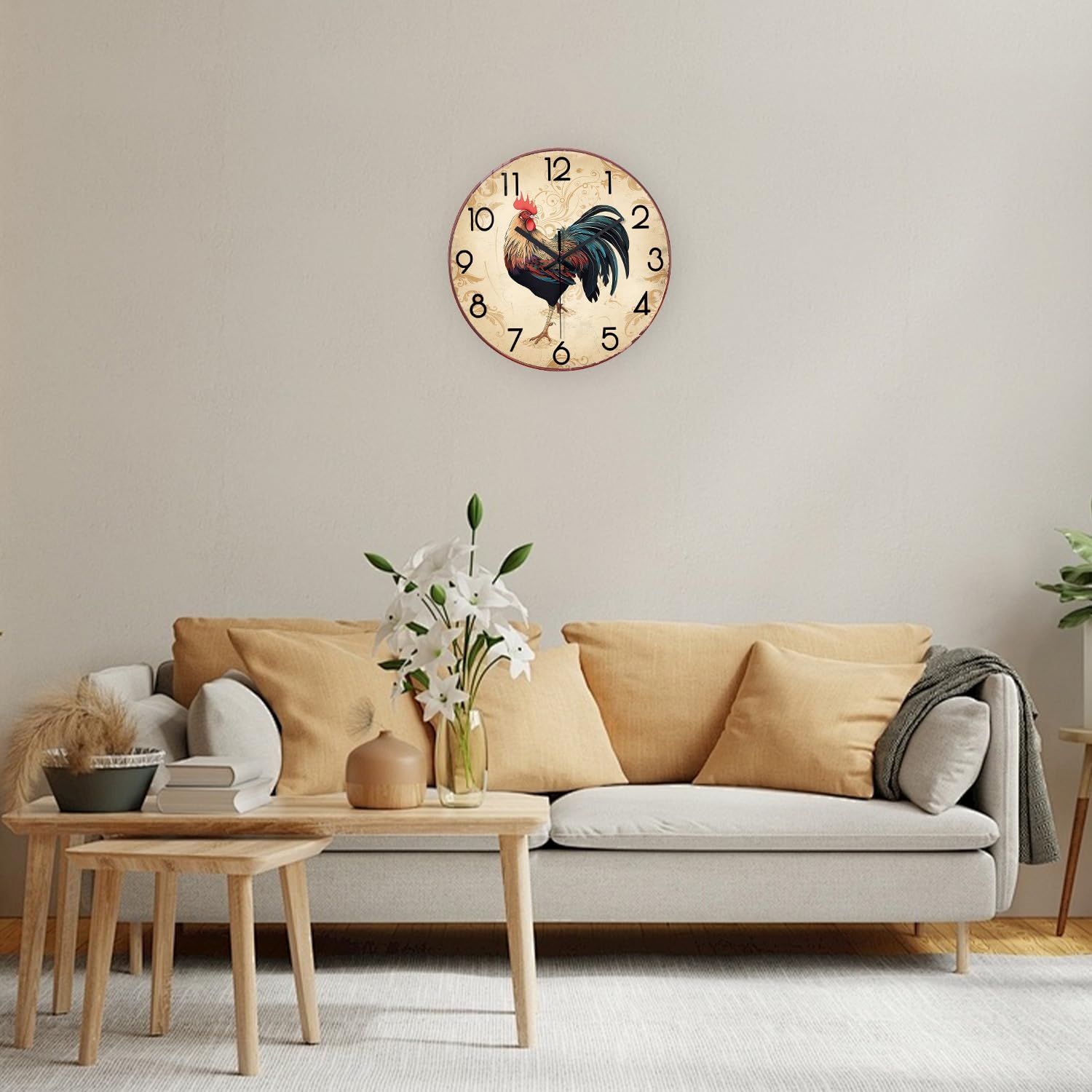 XNM Brown Rooster Wall Clocks Battery Operated 14 Inch Farmhouse Glass Kitchen Clocks Analog Animal Wall Clock Non Ticking