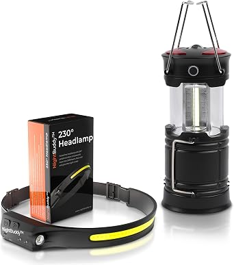 Night Buddy LED Headlamp Rechargeable Flashlight for Adults Camping Essentials Backpacking Lights 4X Brighter Other Headlight Headband Lamp 5 Light Modes Hiking Gear Must Haves Headlamp + Lantern