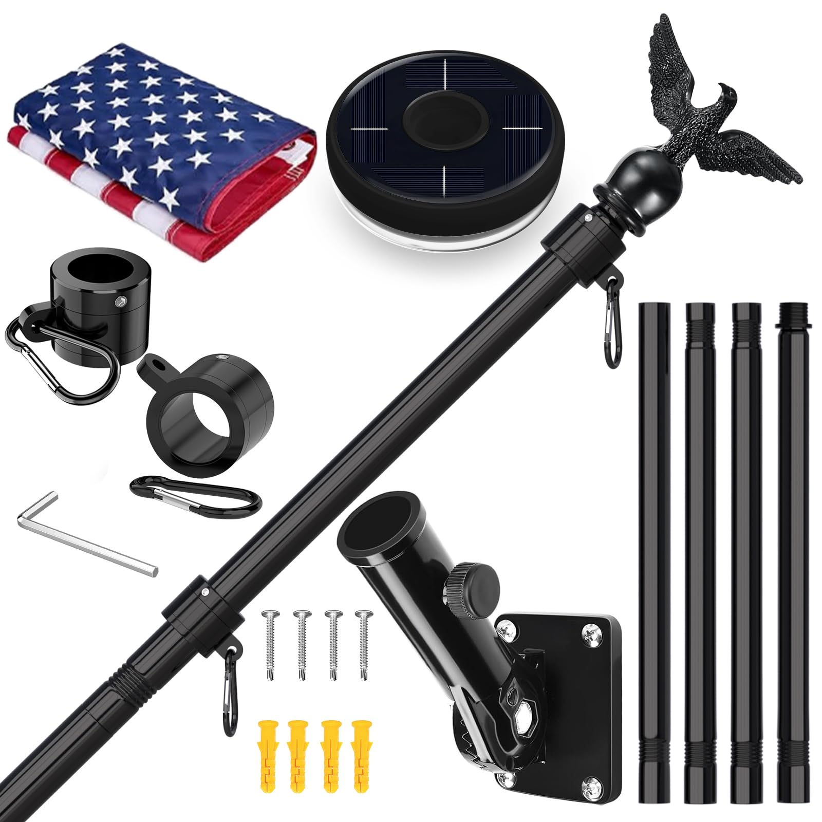 LETSTRY 5FT Black Flag Pole Kit for Outside House with American Flag & Solar Light,1