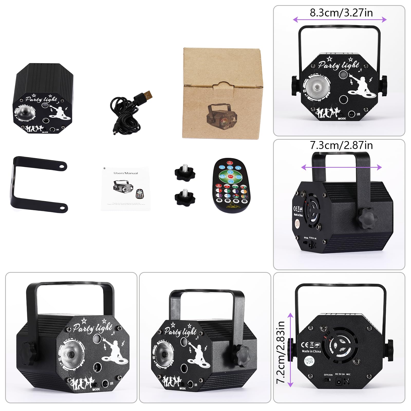 Tomshine 3-en-1 Mini Luz de Fiesta, 72 Patrones, Luz Disco RGB con Control Remoto y Control de Sonido, Estroboscopio RGB, Caja de Aluminio Negro, Ideal para Fiestas, Cumpleaños, Escenarios