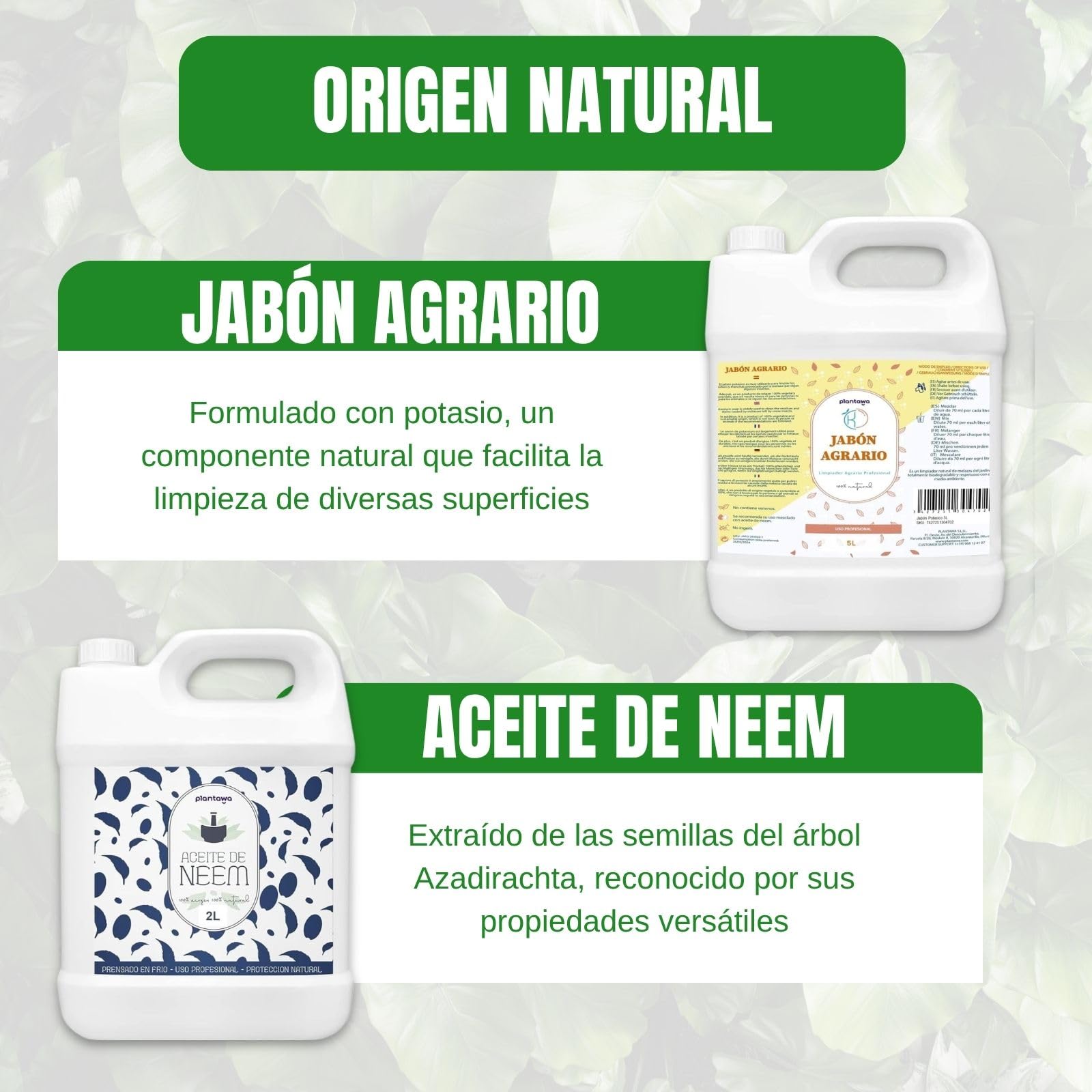 PLANTAWA Pack Jabón Potásico 5L + Aceite de Neem 2L | Solución Multiusos | Fácil Aplicación y Máxima Eficacia | Versátil | Uso en Interior y Exterior | Productos de origen natural