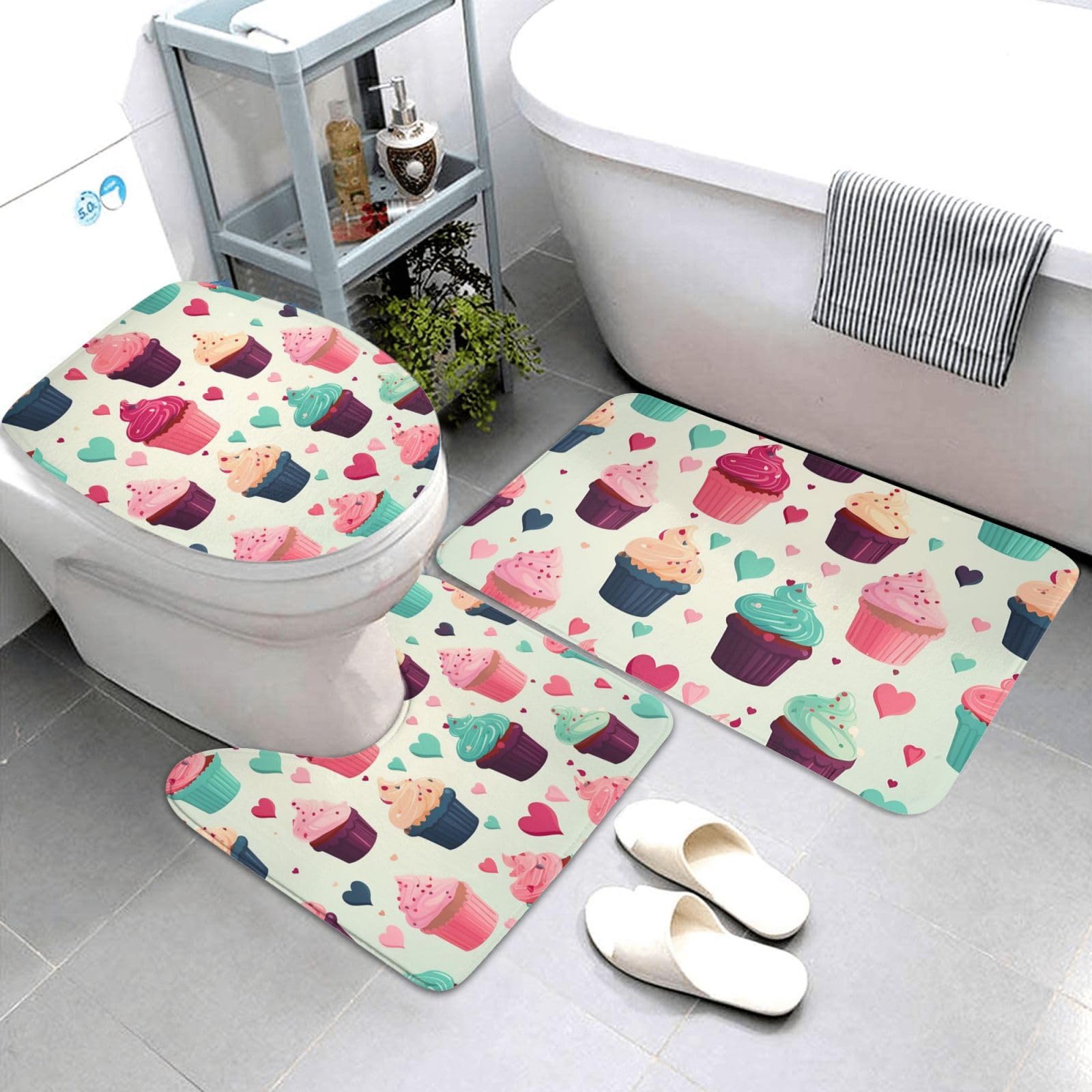 Dwrepo Cupcake Candy Hearts Sweet Print Bathroom Rug Set 3 Piece with Non-Slip U-Shaped Contour Mat and Toilet Lid Cover for Bathroom Decoration