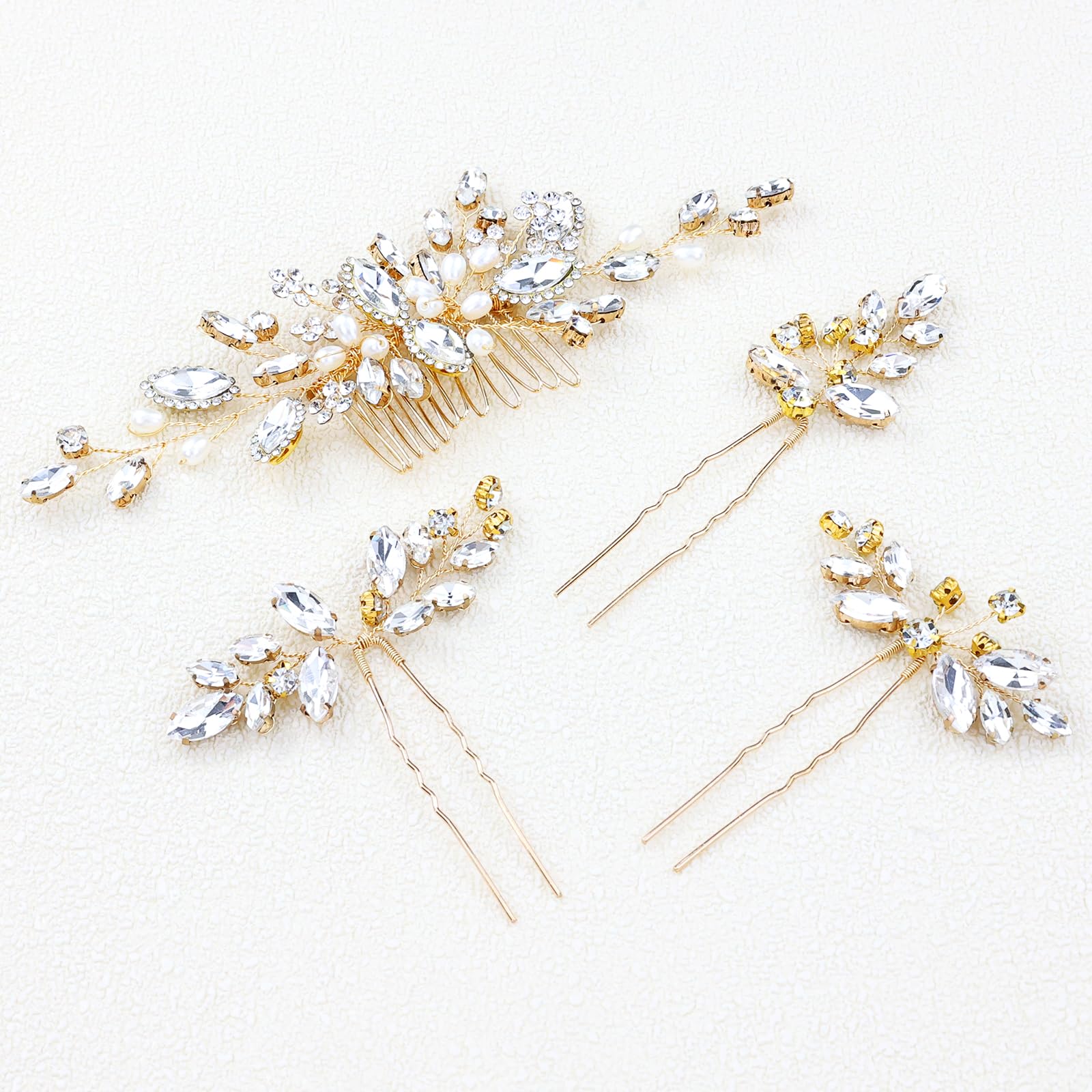 inSowni 4 Pieces Gold Metal Wedding Bridal Rhinestone Hair Side Comb Slide+U-shaped Rhinestone Hair Pins Prom Party Headpieces for Brides Bridesmaids Women Girls - Image 2