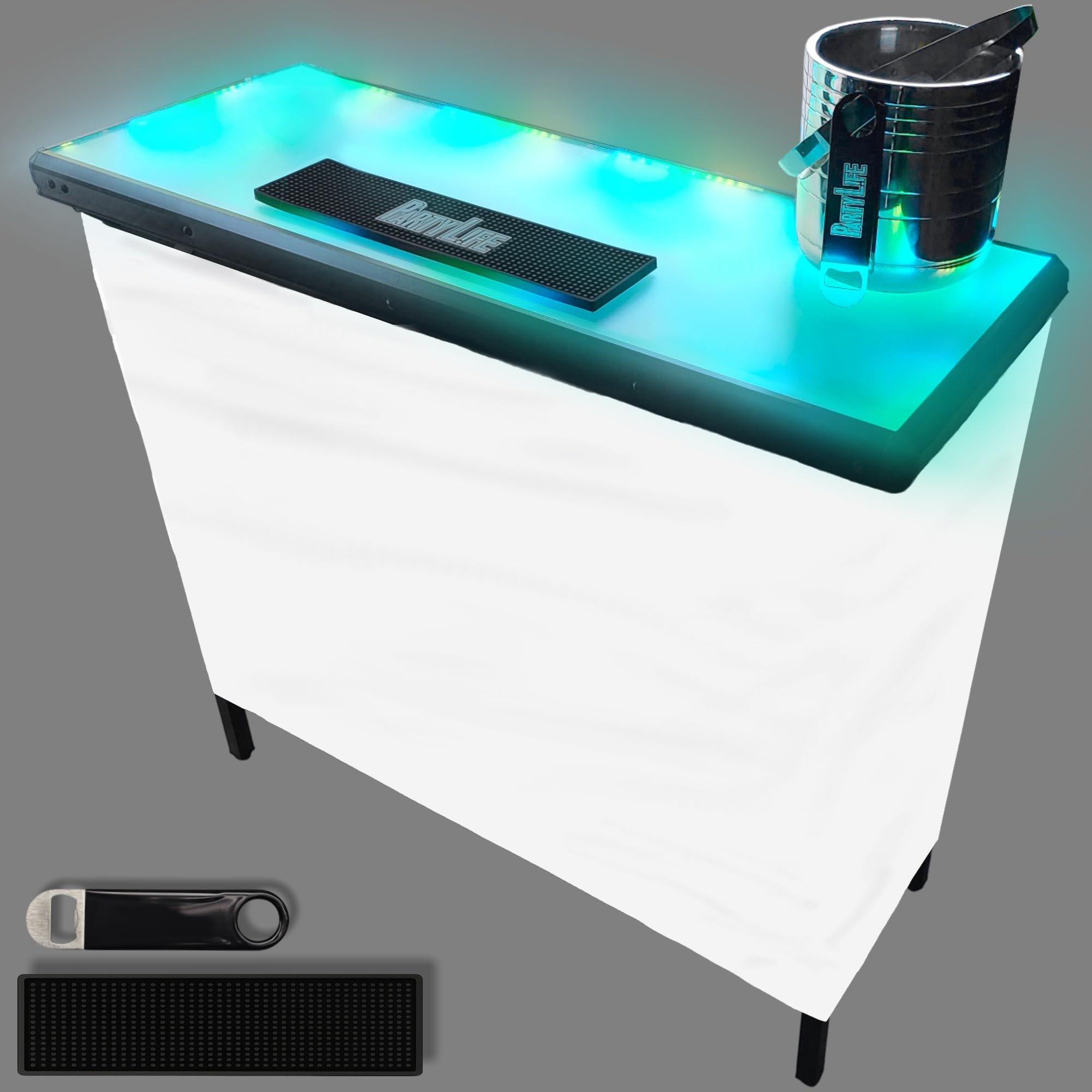 PartyLife Glowing LED Surface Portable Bar Table w/Mobile App, Folding Steel Legs, 2 Bar Skirts, Supportive Storage Shelf &amp; Carrying Case - White Skirt