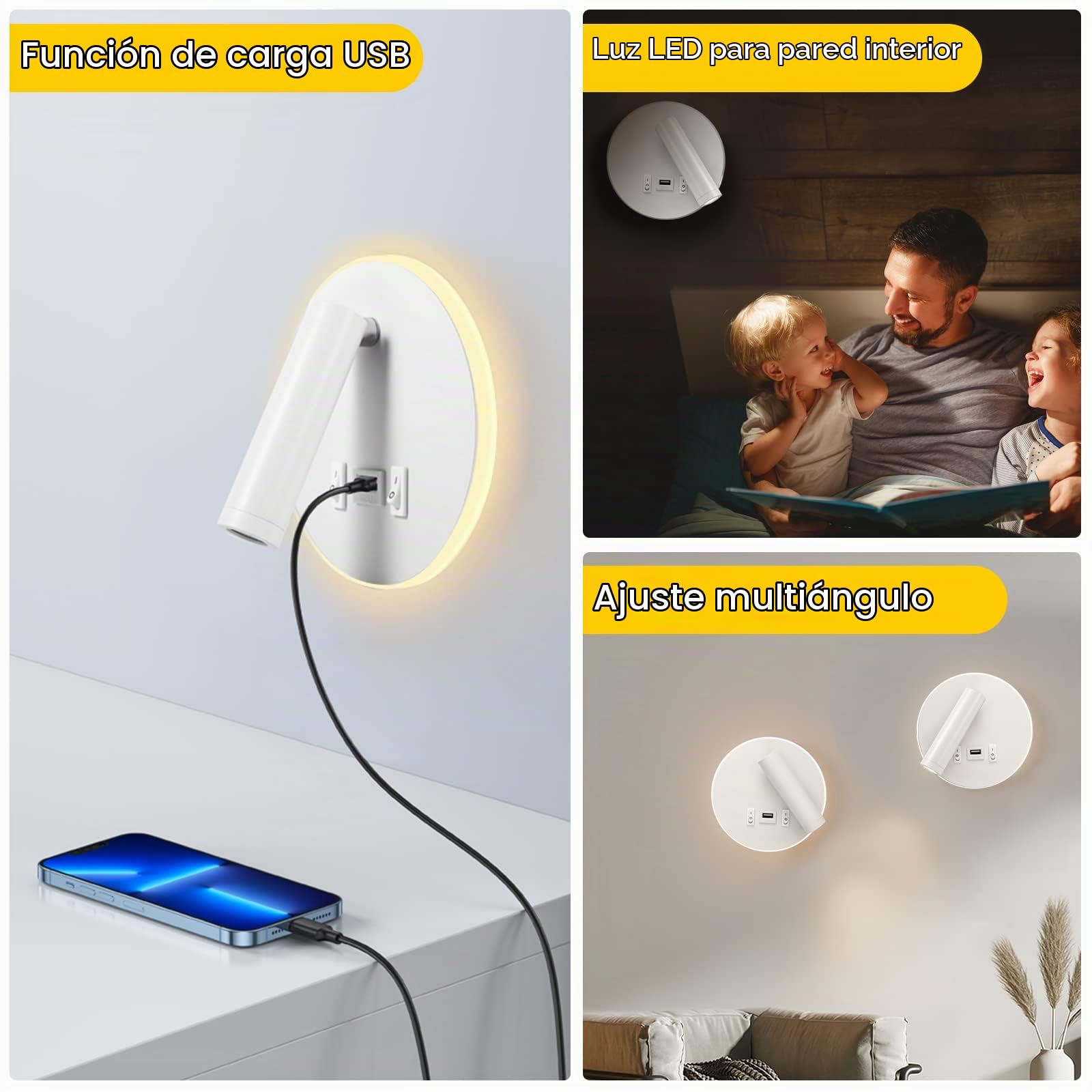 Weigudoc Luz de Pared LED con Puerto de Carga USB, Luz de Lectura Junto a Cama Ajustable, Foco orientable (3W 3000 K + 9W 3000 K), Giratoria Lámpara De Noche para Dormitorio Hotel (2 Blanco)