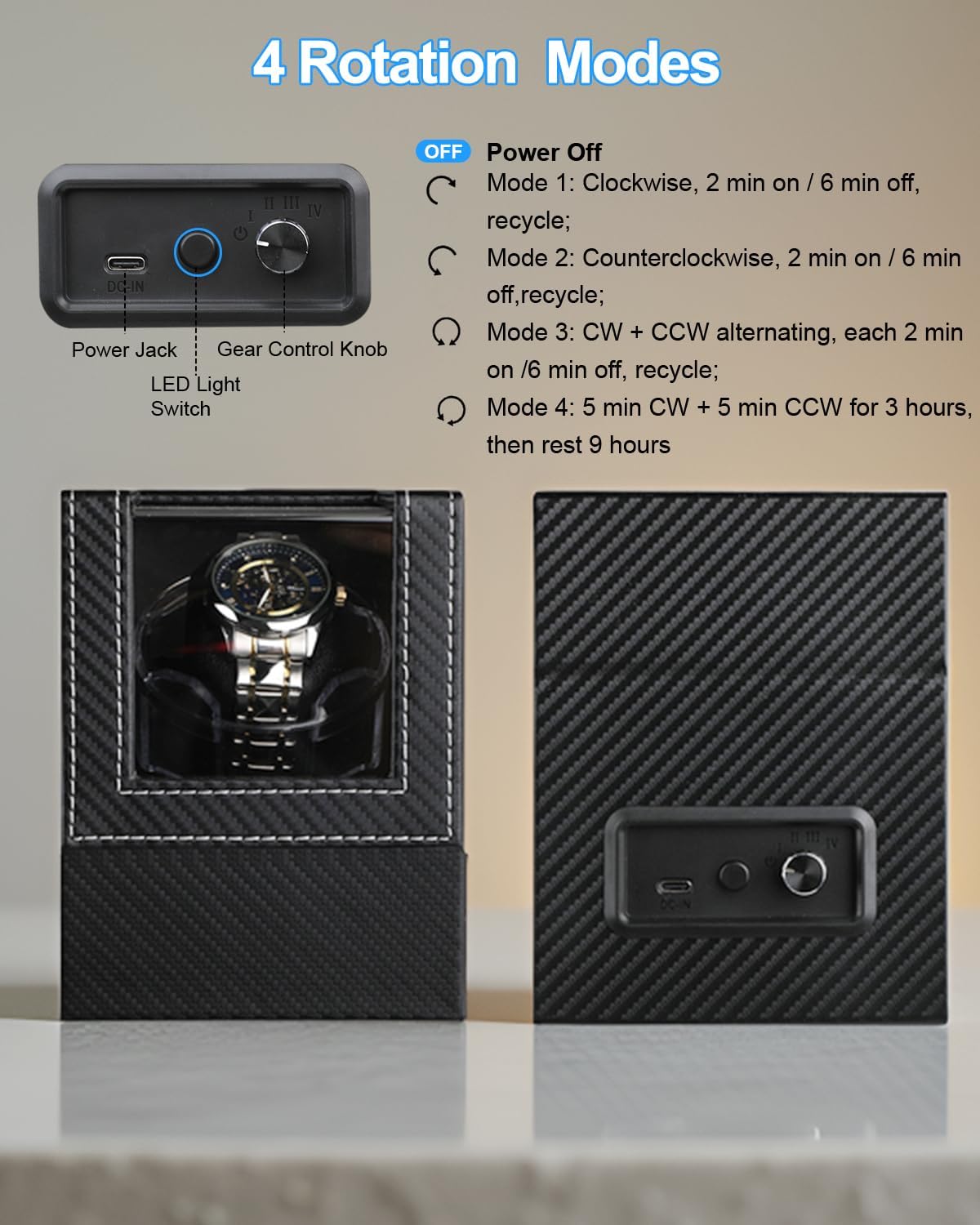 J&T Technology Watch Winder for Automatic Watches,Single Automatic Watch Winder with Quiet Japanese Motor,Watch Rotator with LED Display,4 Rotating Modes,Powered by USB-C Power Adapter or Batteries