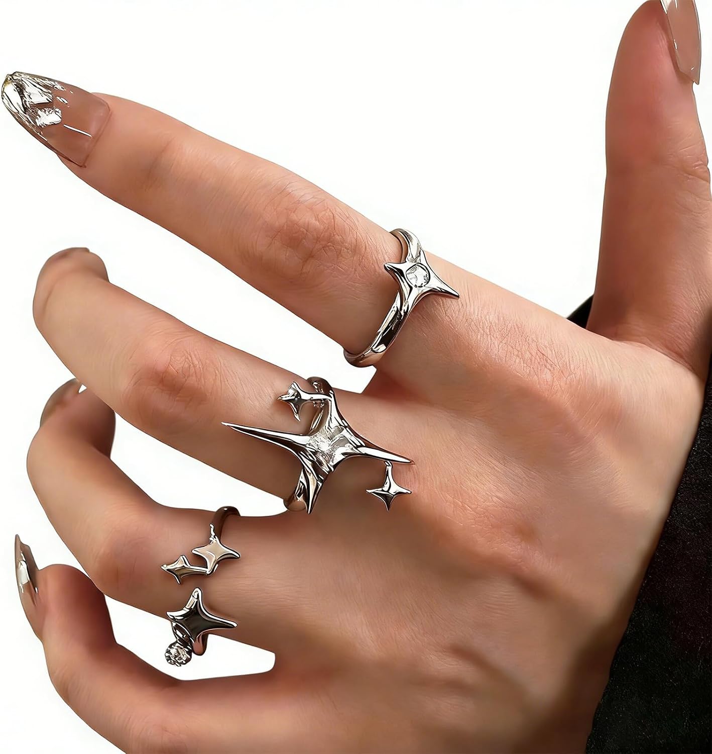 Y2k Silver Star Rings for Women Men Cool Rhinestone Stacking Rings Personalized Chunky Open Knuckle Ring Set Funky Star Jewelry Accessories Gifts