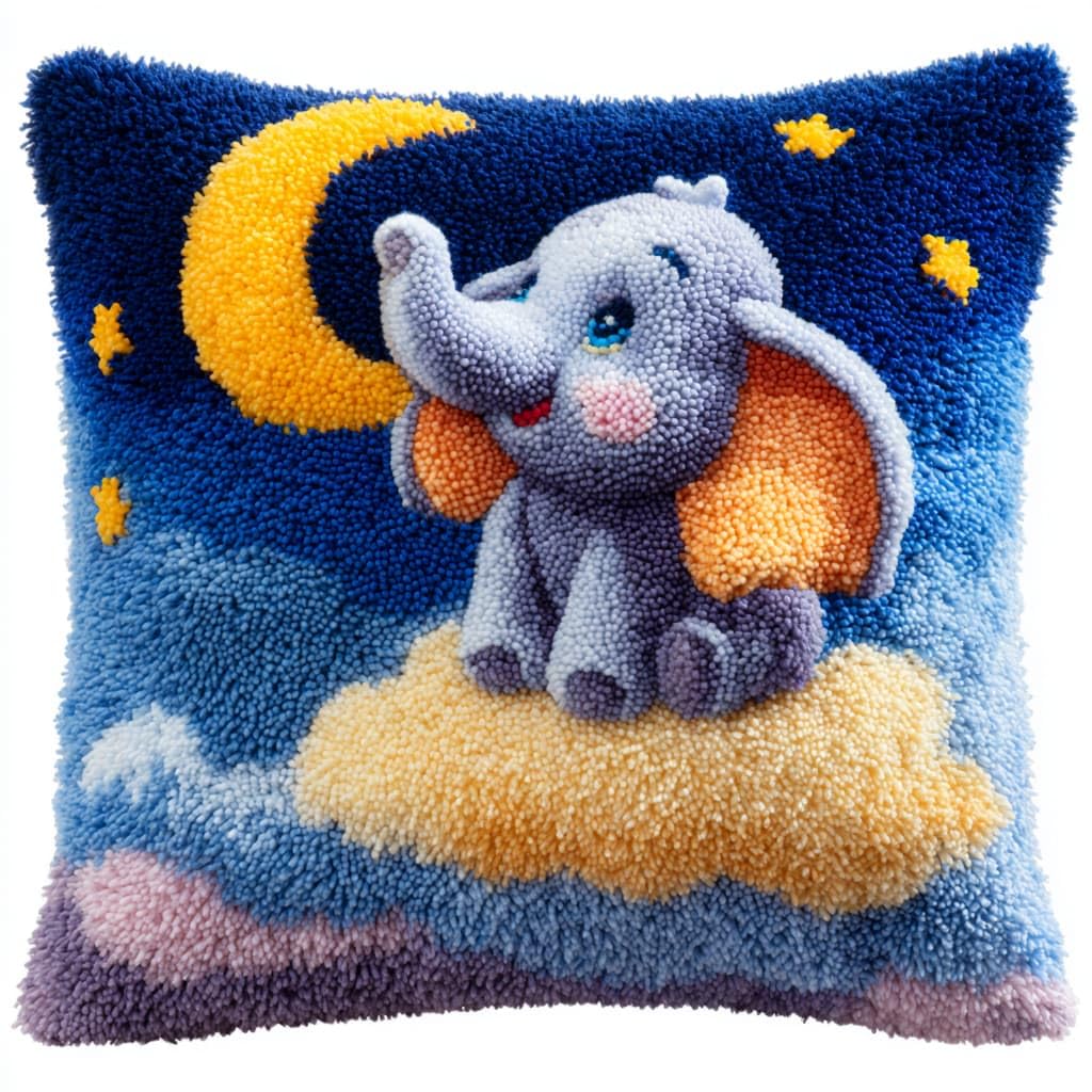 Taxpy Latch Hook Pillow Case Kits, Elephant and Moon Embroidery Kits DIY Pillow Cushion Cover Latch Hook Cushion Kit,17x17inch