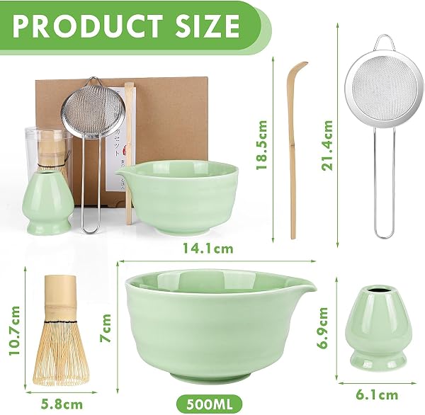 5 Pezzi Matcha Kit, Matcha Whisk Set,Frusta Matcha, Ciotola Matcha, Supporto Chasen, Cucchiaio di Matcha, Setaccio Di Matcha, per La Casa, l'Ufficio e la Sala da Tè (Verde chiaro) - 2