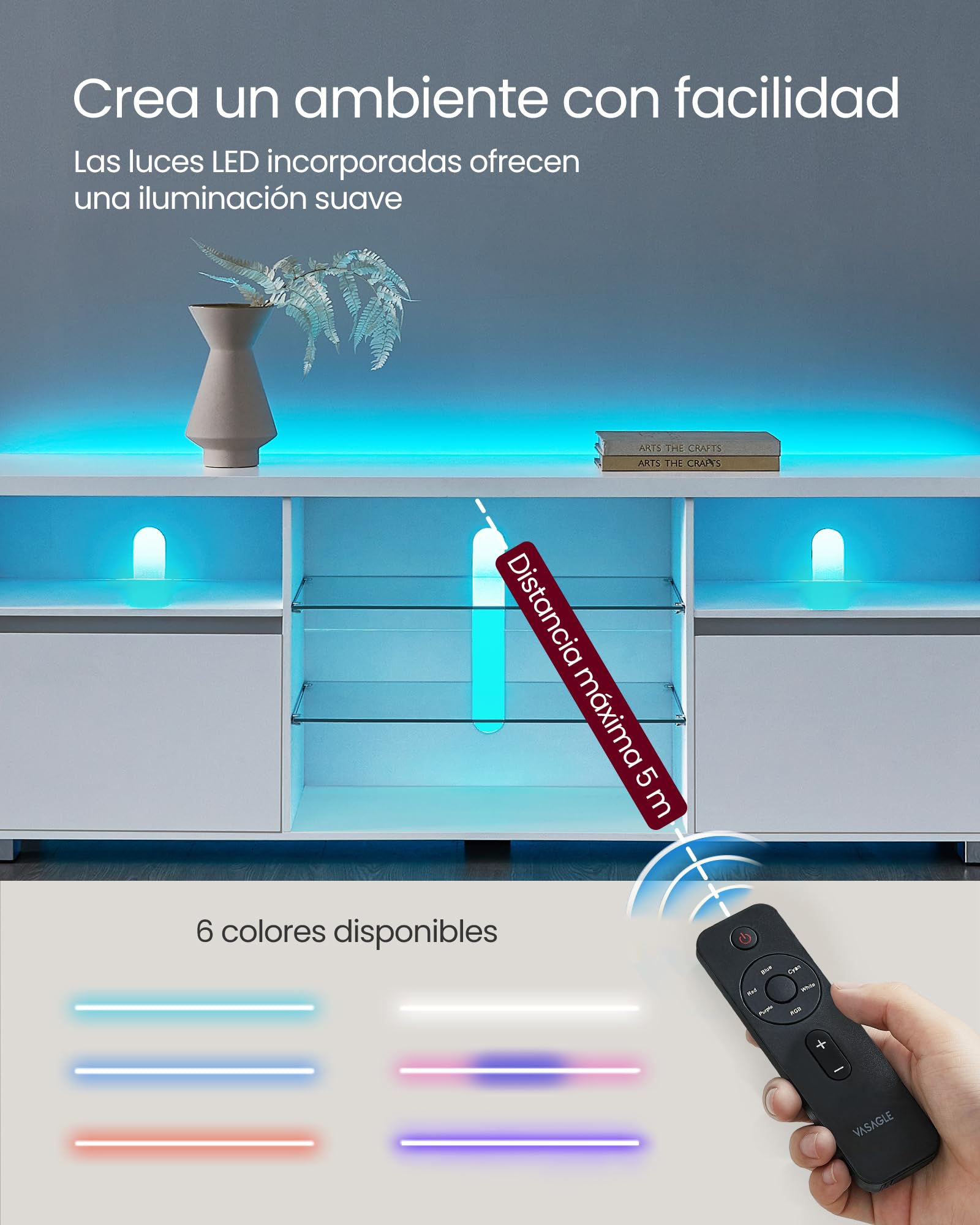 VASAGLE Kailyn Colección - Mueble de TV con LED, para Televisores hasta 70 Pulgadas, con Estantes Abiertos de Cristal, 2 Armarios con Puertas, 160 cm, Salón, Dormitorio, Blanco LTV331T10