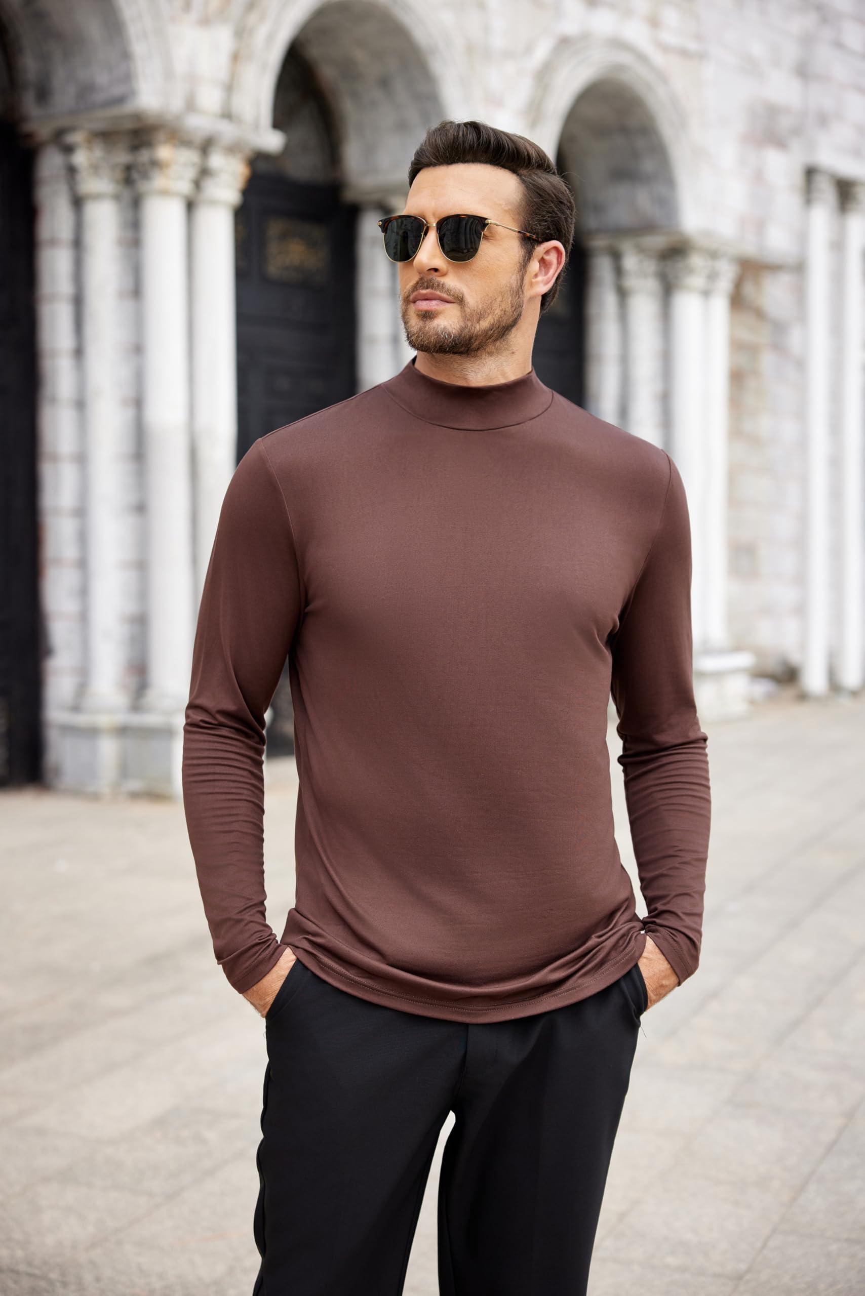 COOFANDY Mens Half Turtleneck T-Shirts Basic Thermal Shirts Casual Slim Fit Lightweight Underwear Tee Winter Fall Brown