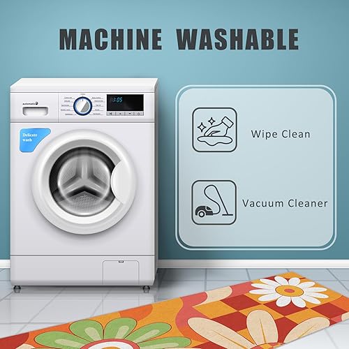 Miniatura 5 de Retro 70s Runner Rug 2x6, Checkered Daisy Floral Orange Yellow Runners for Hallways Non-Slip, Retro 70s Hallway Decor Rug for Bedroom Kitchen